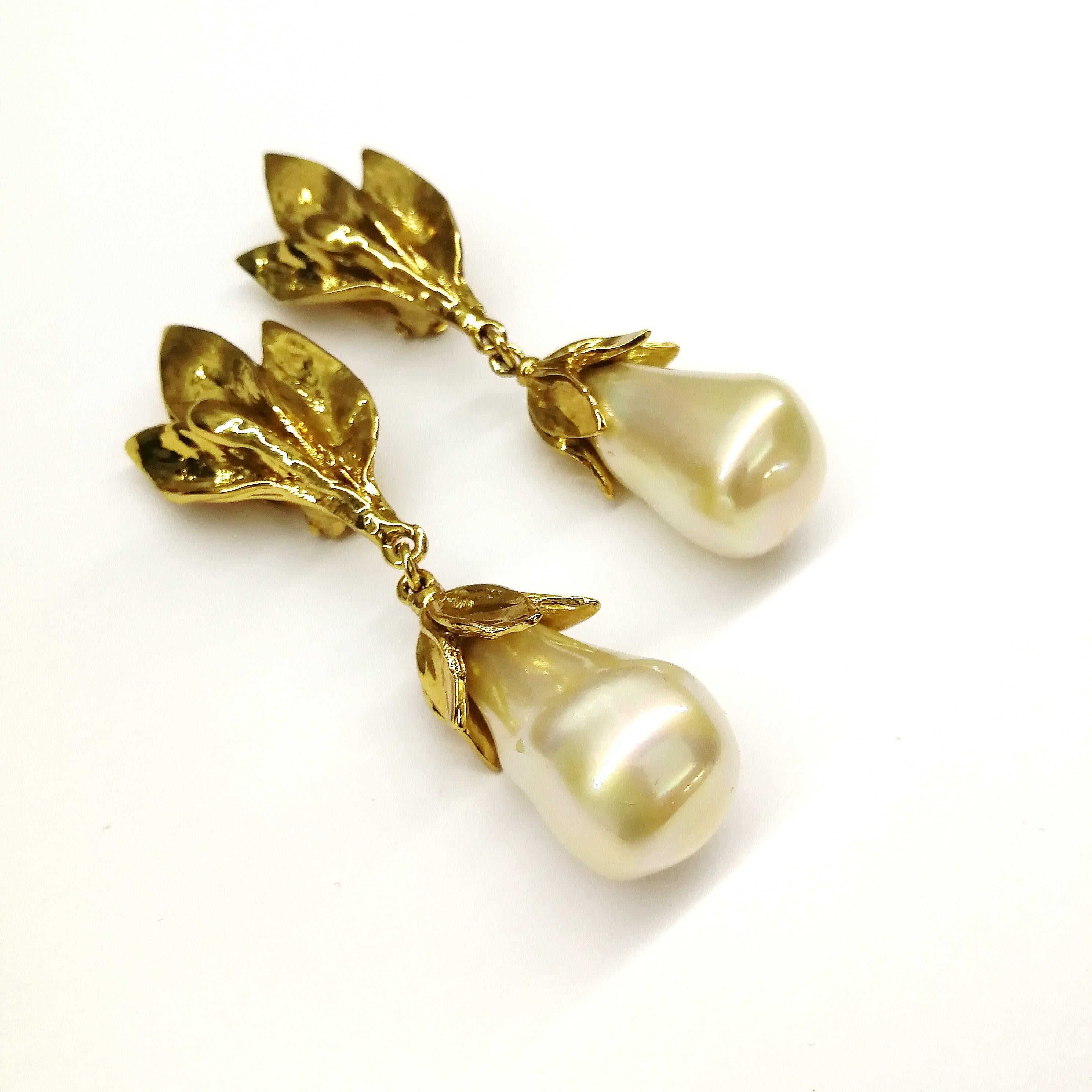 Gilt  'laurel leaf' and baroque pearl drop earrings, Yves Saint Laurent, 1980s 1