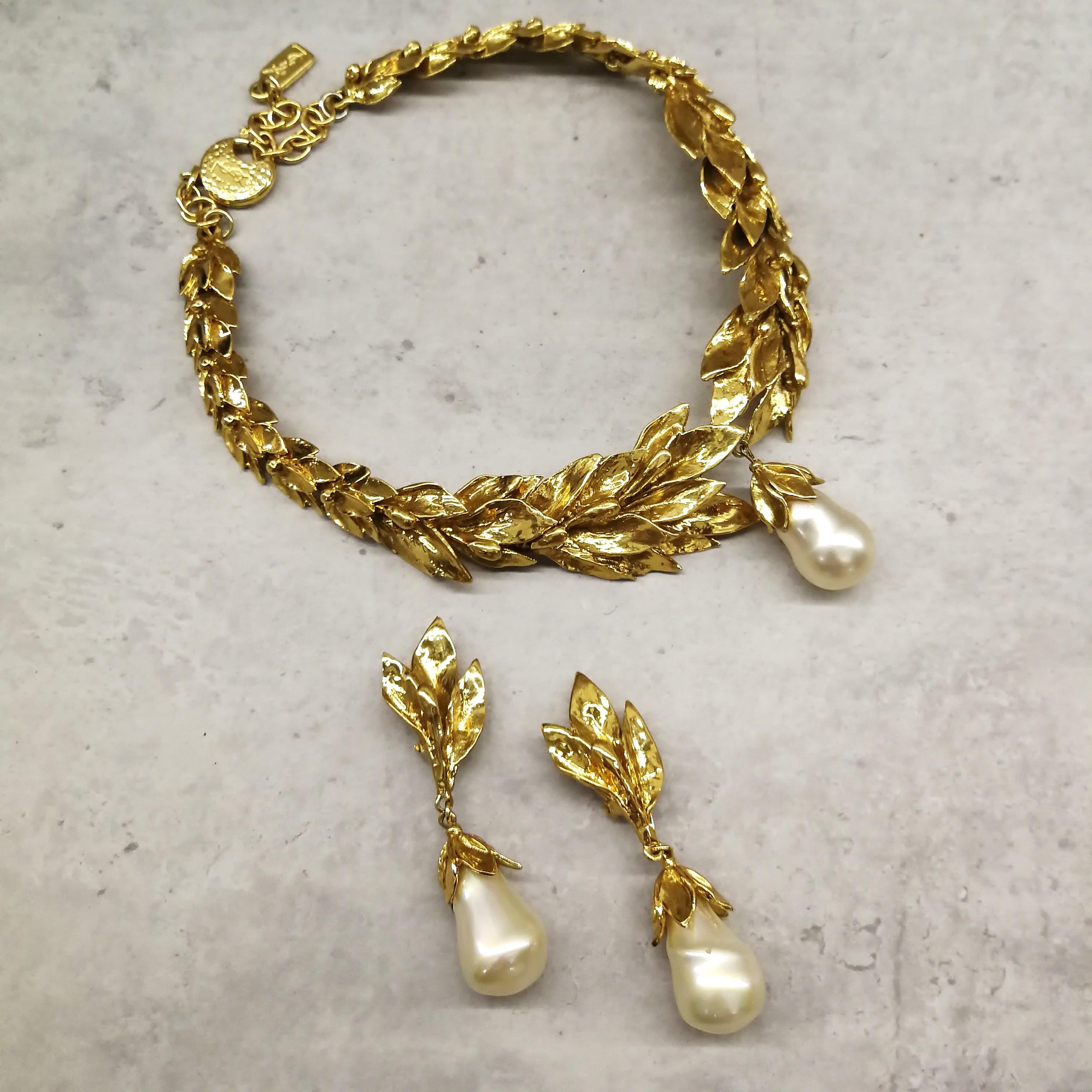 Gilt  'laurel leaf' and baroque pearl drop earrings, Yves Saint Laurent, 1980s 2