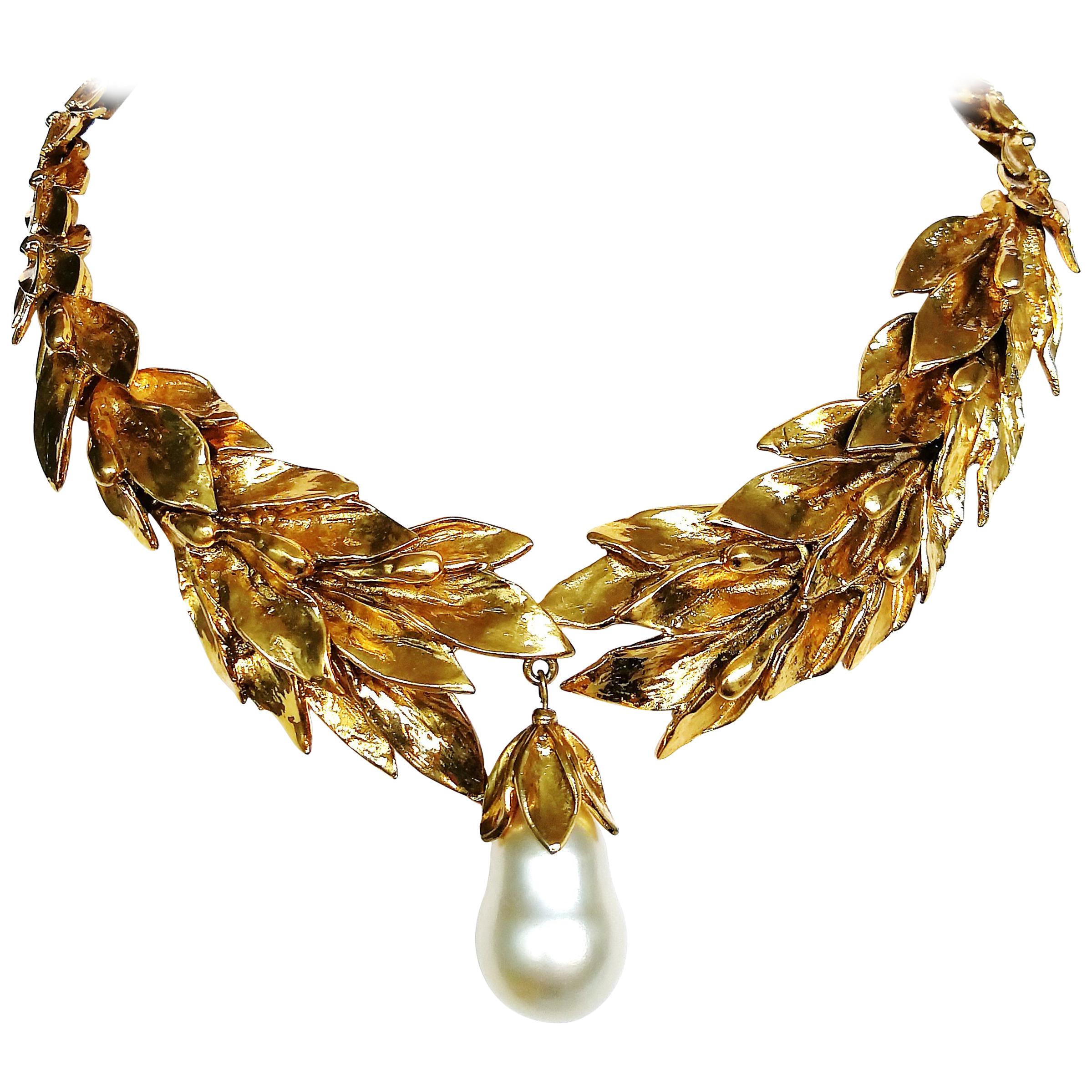 Gilt 
laurel
 leaf, with baroque pearl drop necklace, Yves Saint Laurent, 1980s.