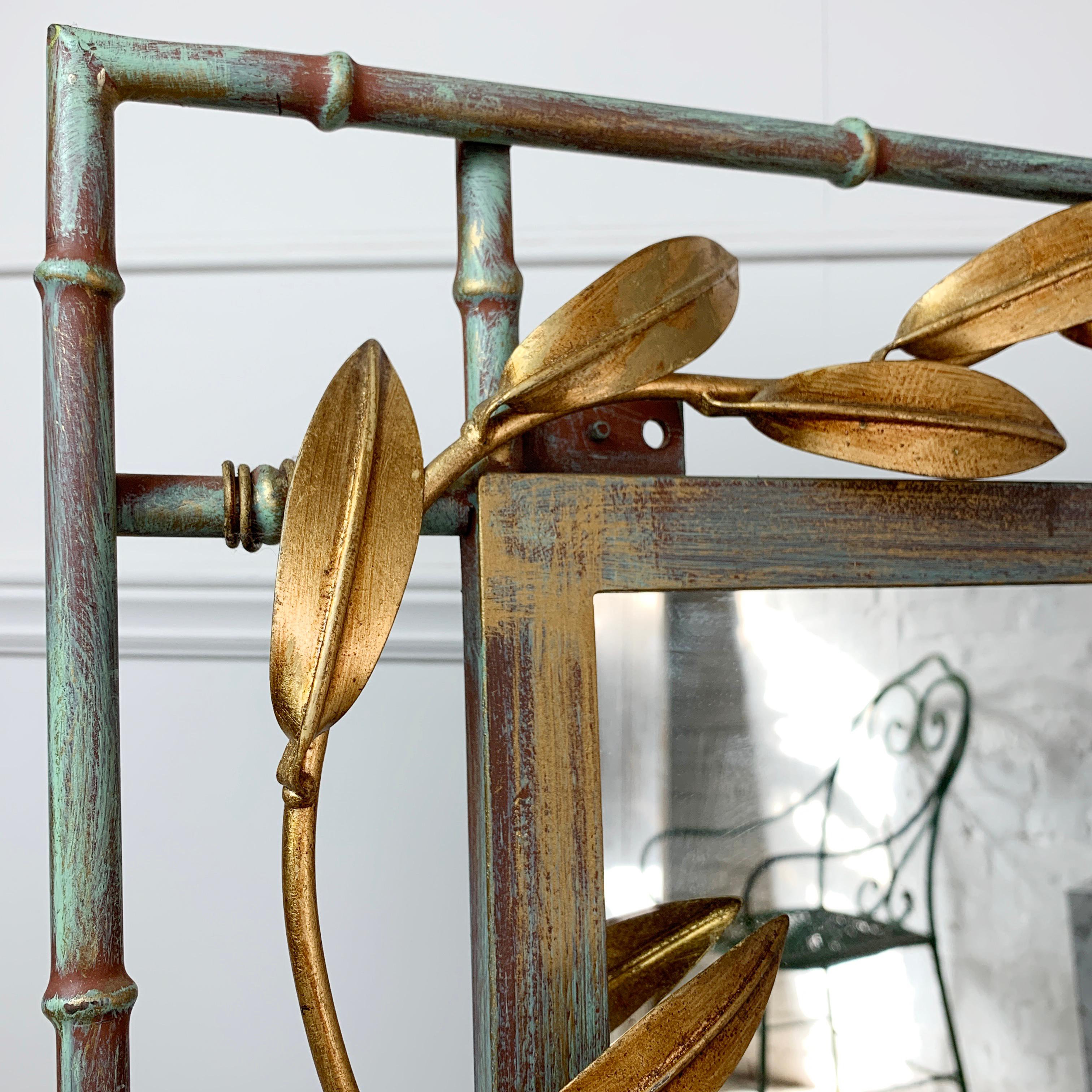 French Gold Leaves with Green, Faux Bamboo Mirror 