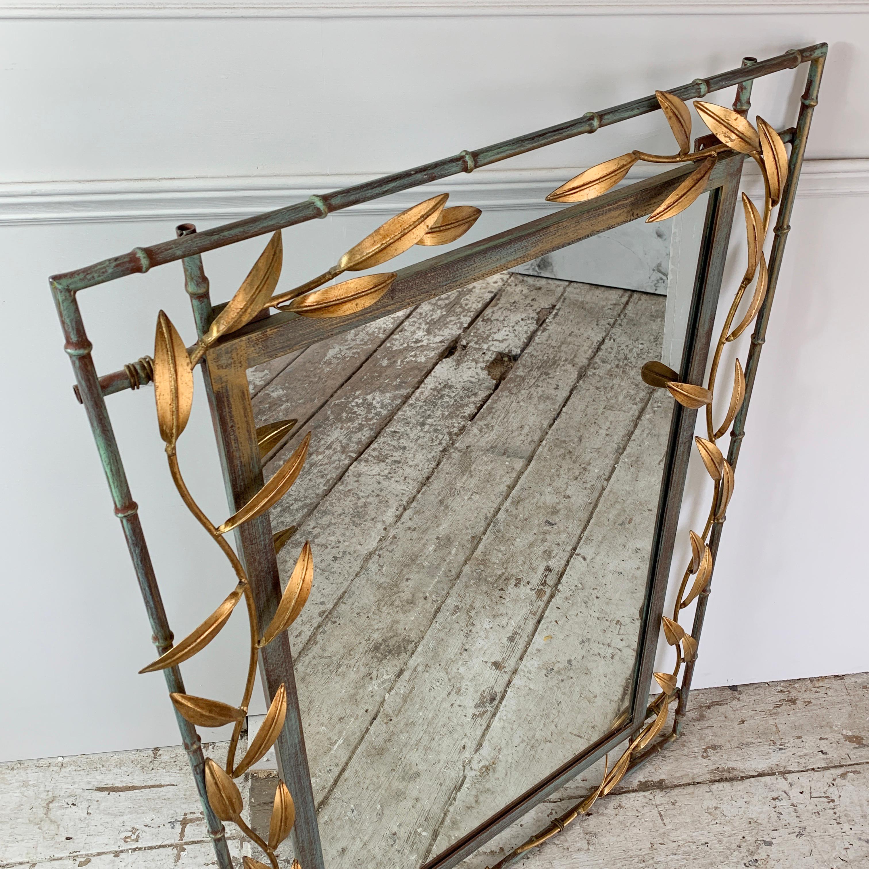 Gold Leaves with Green, Faux Bamboo Mirror  In Good Condition In Hastings, GB
