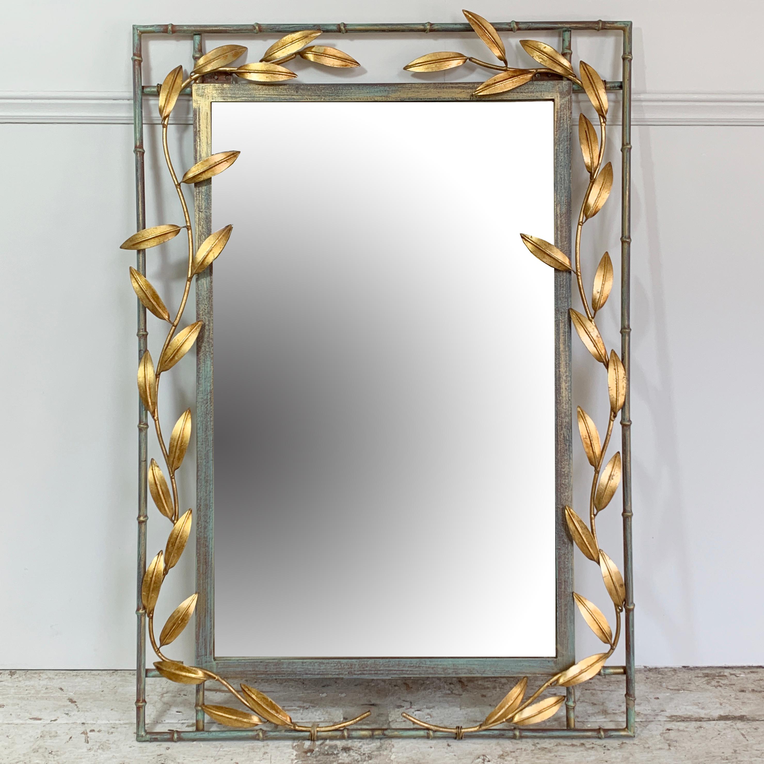 20th Century Gold Leaves with Green, Faux Bamboo Mirror 