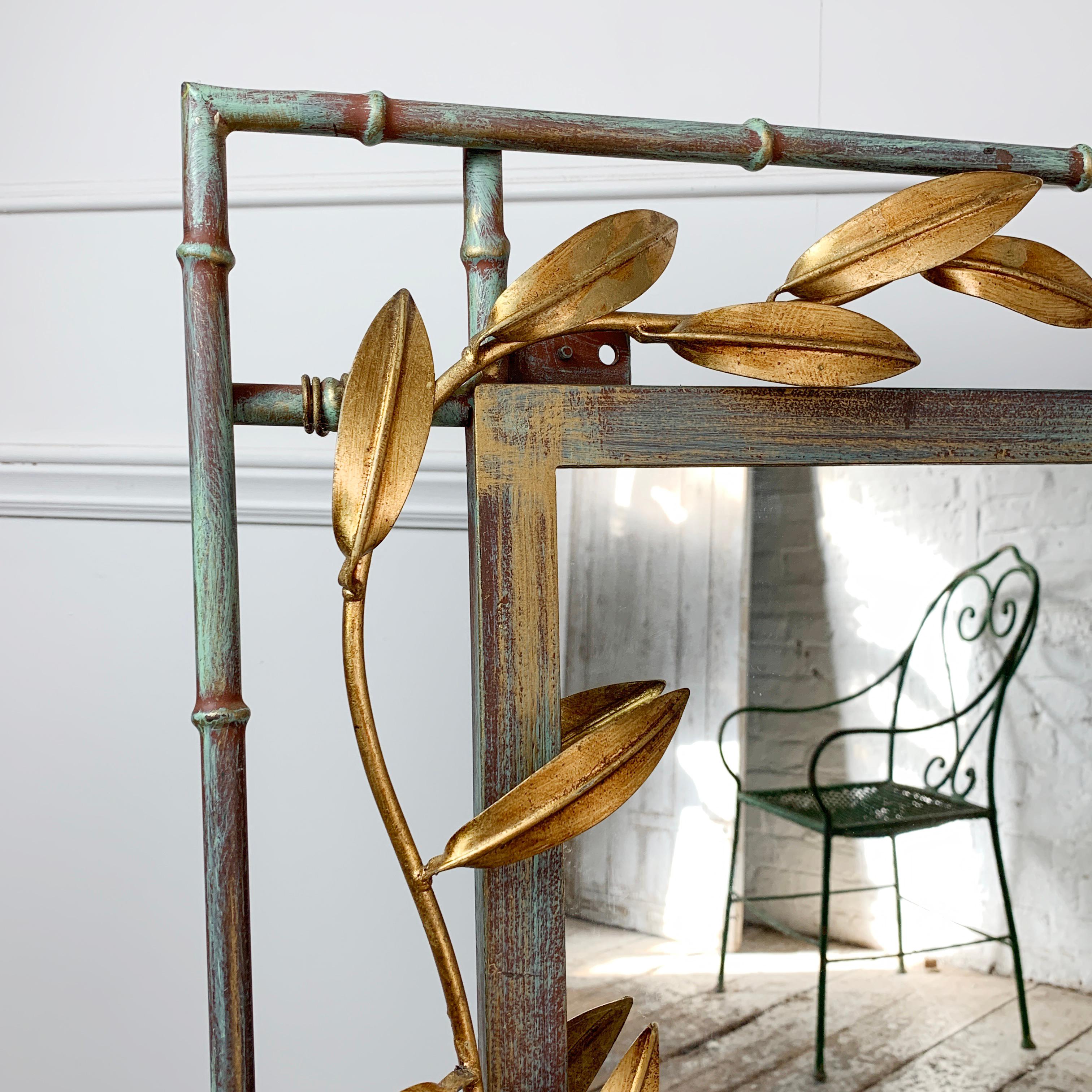 Metal Gold Leaves with Green, Faux Bamboo Mirror 