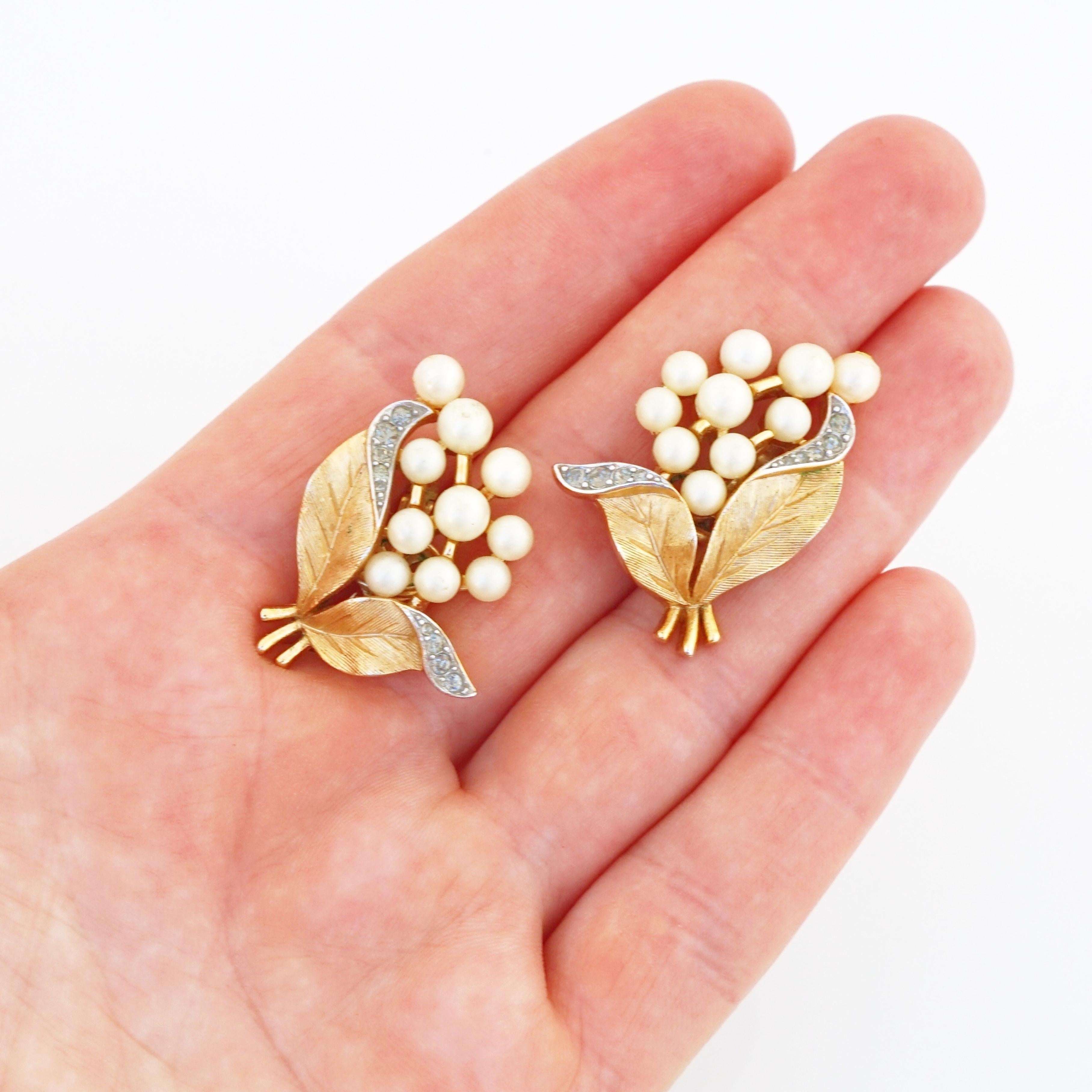 Modern Gilt Leaves and Pearl Berry Spray Earrings By Crown Trifari, 1950s For Sale