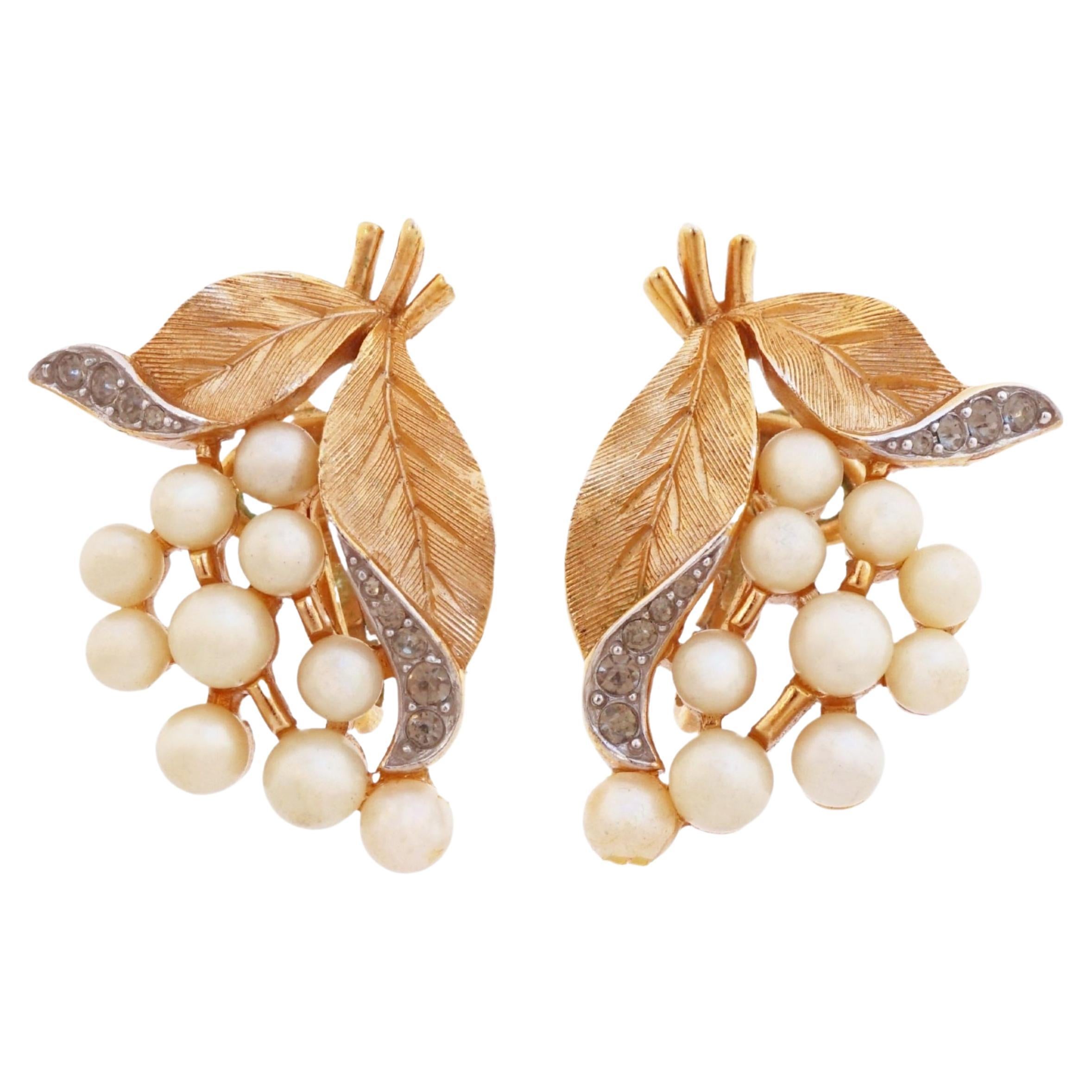 Gilt Leaves and Pearl Berry Spray Earrings By Crown Trifari, 1950s For Sale