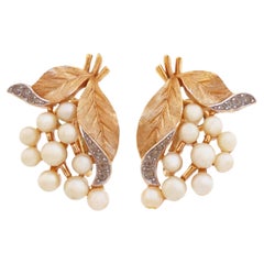 Gilt Leaves and Pearl Berry Spray Earrings By Crown Trifari, 1950s