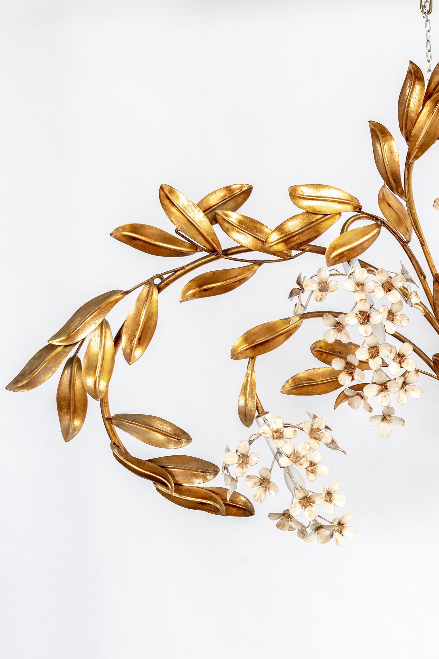 French Gilt Leaves and White Flower Appliques with Four Lights