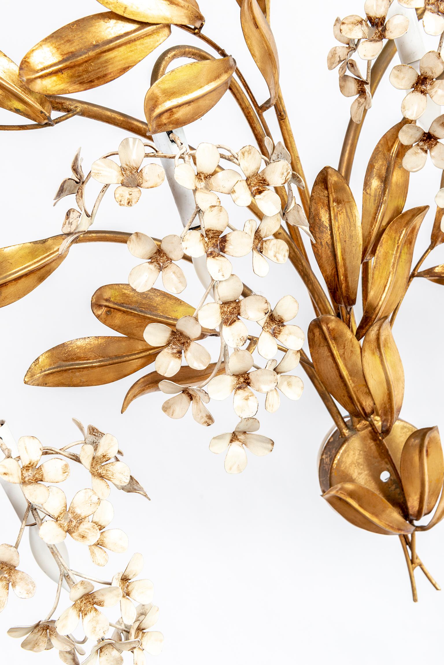 20th Century Gilt Leaves and White Flower Appliques with Four Lights