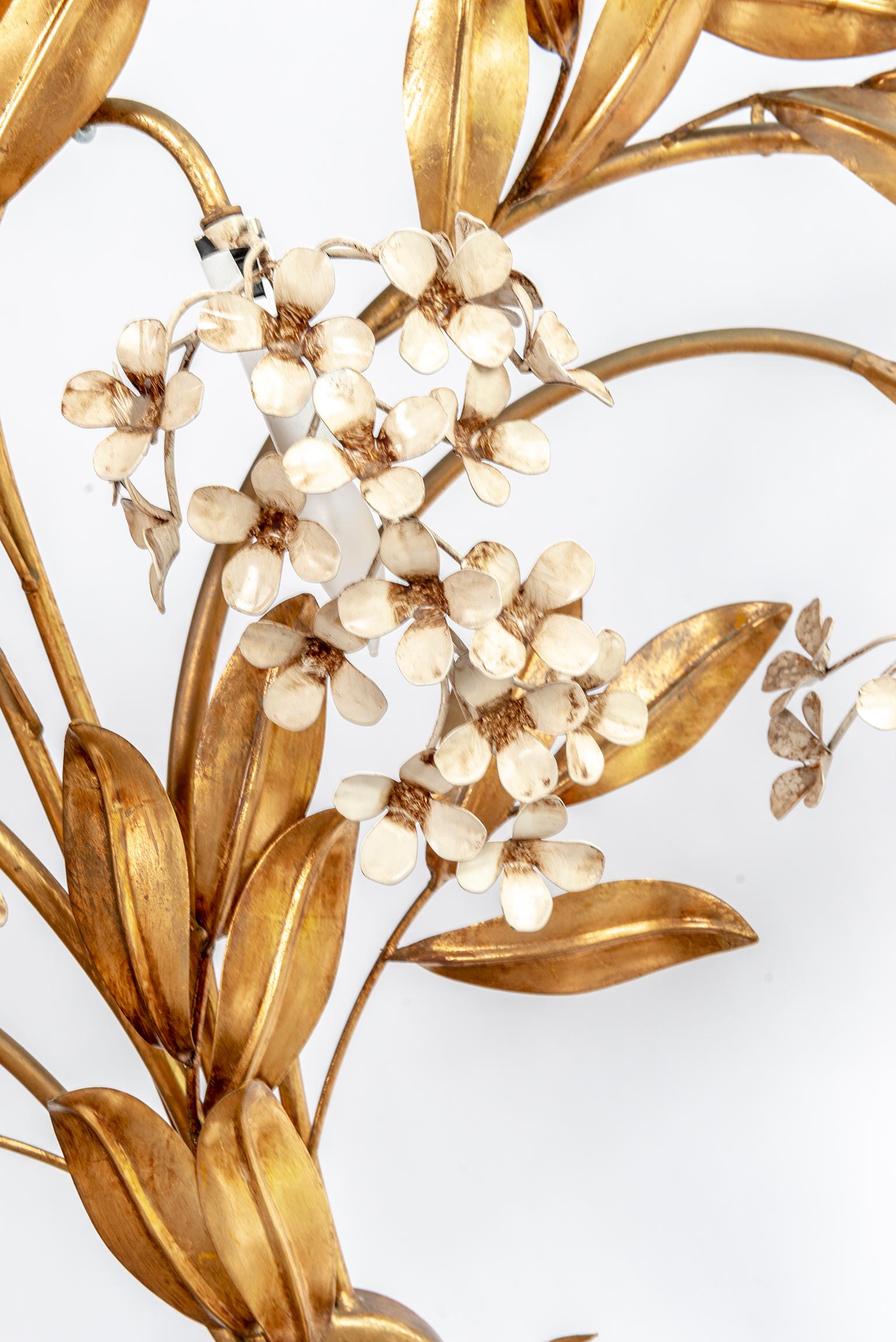 Metal Gilt Leaves and White Flower Appliques with Four Lights