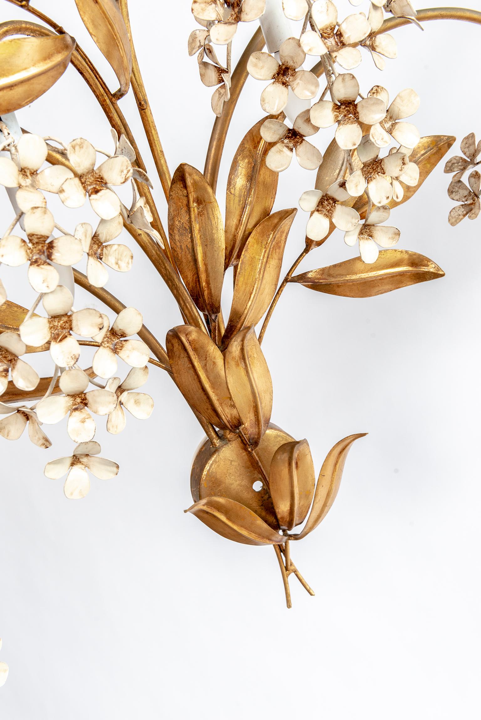 Gilt Leaves and White Flower Appliques with Four Lights 1