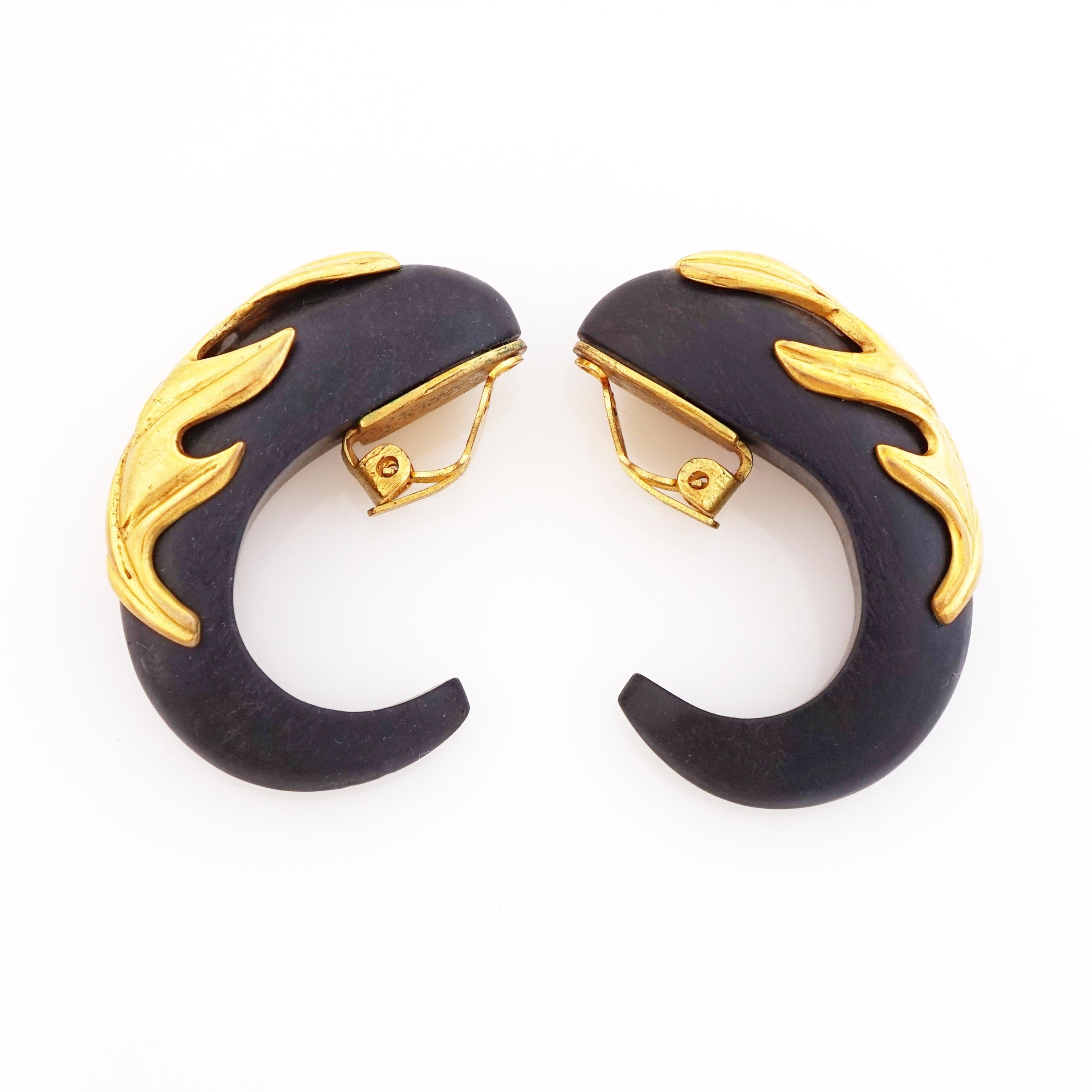 Modern Gilt Leaves Over Wood Half Hoop Statement Earrings By Isabel Canovas, 1980s For Sale