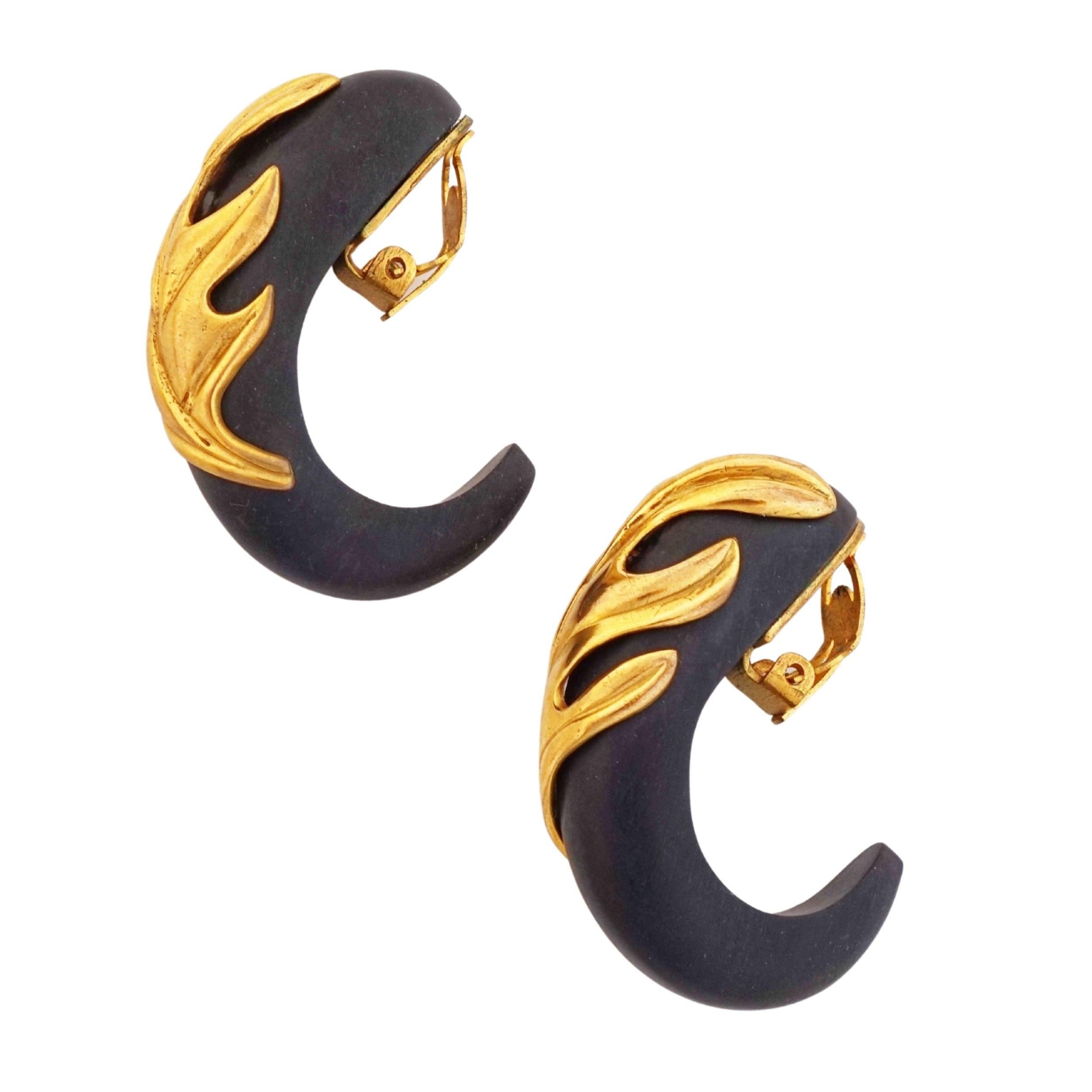 Gilt Leaves Over Wood Half Hoop Statement Earrings By Isabel Canovas, 1980s For Sale