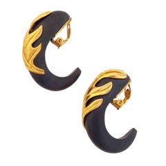 Gilt Leaves Over Wood Half Hoop Statement Earrings By Isabel Canovas, 1980s