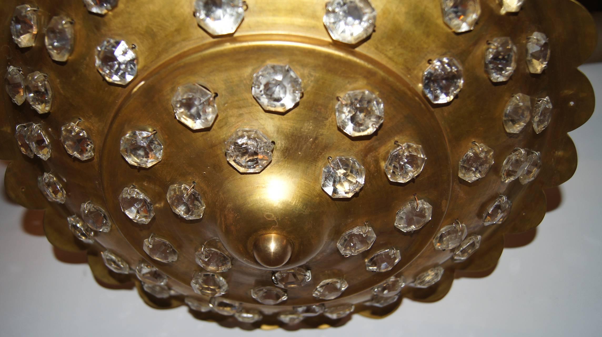 Mid-20th Century Gilt Light Fixture with Crystal Insets. Sold Individually. For Sale