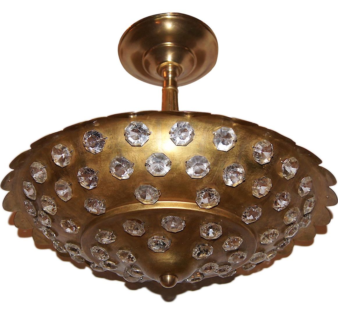 A circa 1930s French gilt light fixture with three interior lights, crystal insets. Sold Individually.

Measurements:
Diameter 14