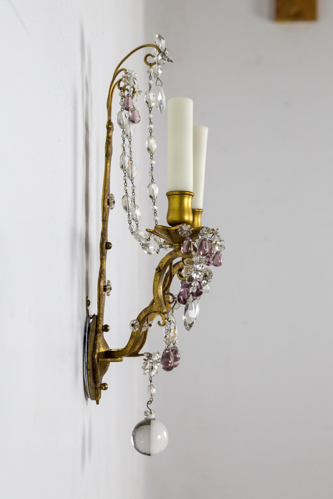 Gilt Maison Baguès Style Amethyst Crystal Sconces, Pair For Sale 4