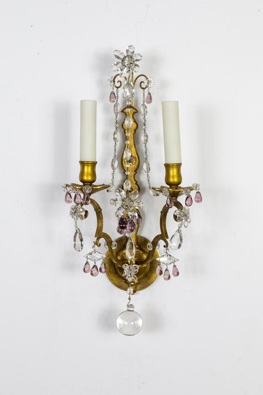 Gilt Maison Baguès Style Amethyst Crystal Sconces, Pair For Sale 5