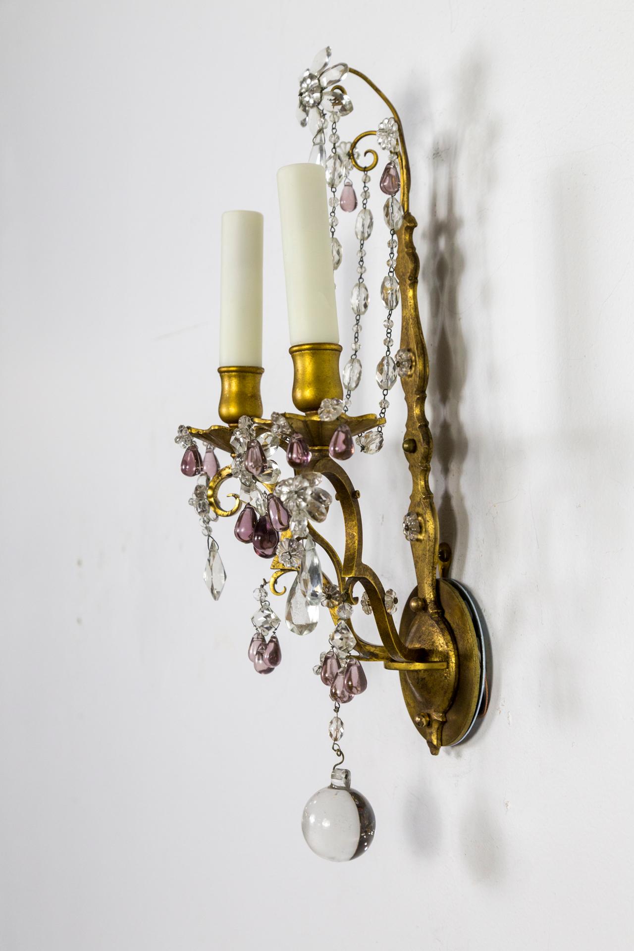 French Gilt Maison Baguès Style Amethyst Crystal Sconces, Pair For Sale