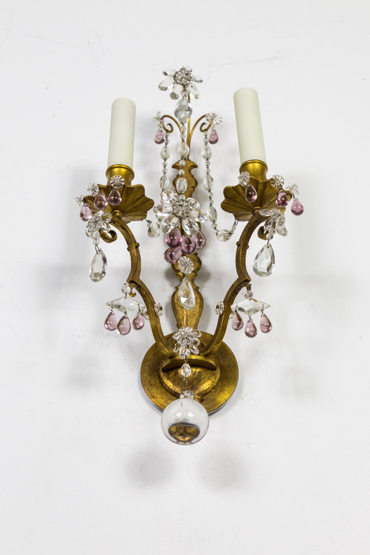 Gilt Maison Baguès Style Amethyst Crystal Sconces, Pair In Good Condition For Sale In San Francisco, CA