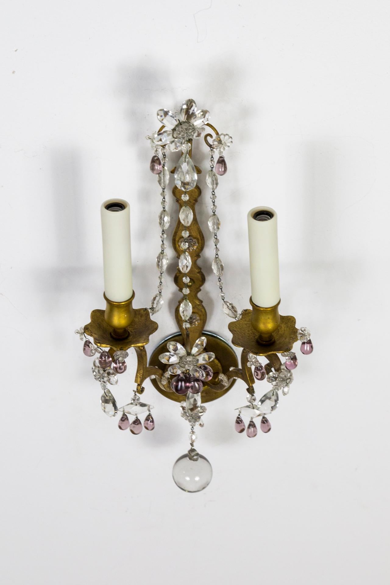 Brass Gilt Maison Baguès Style Amethyst Crystal Sconces, Pair For Sale