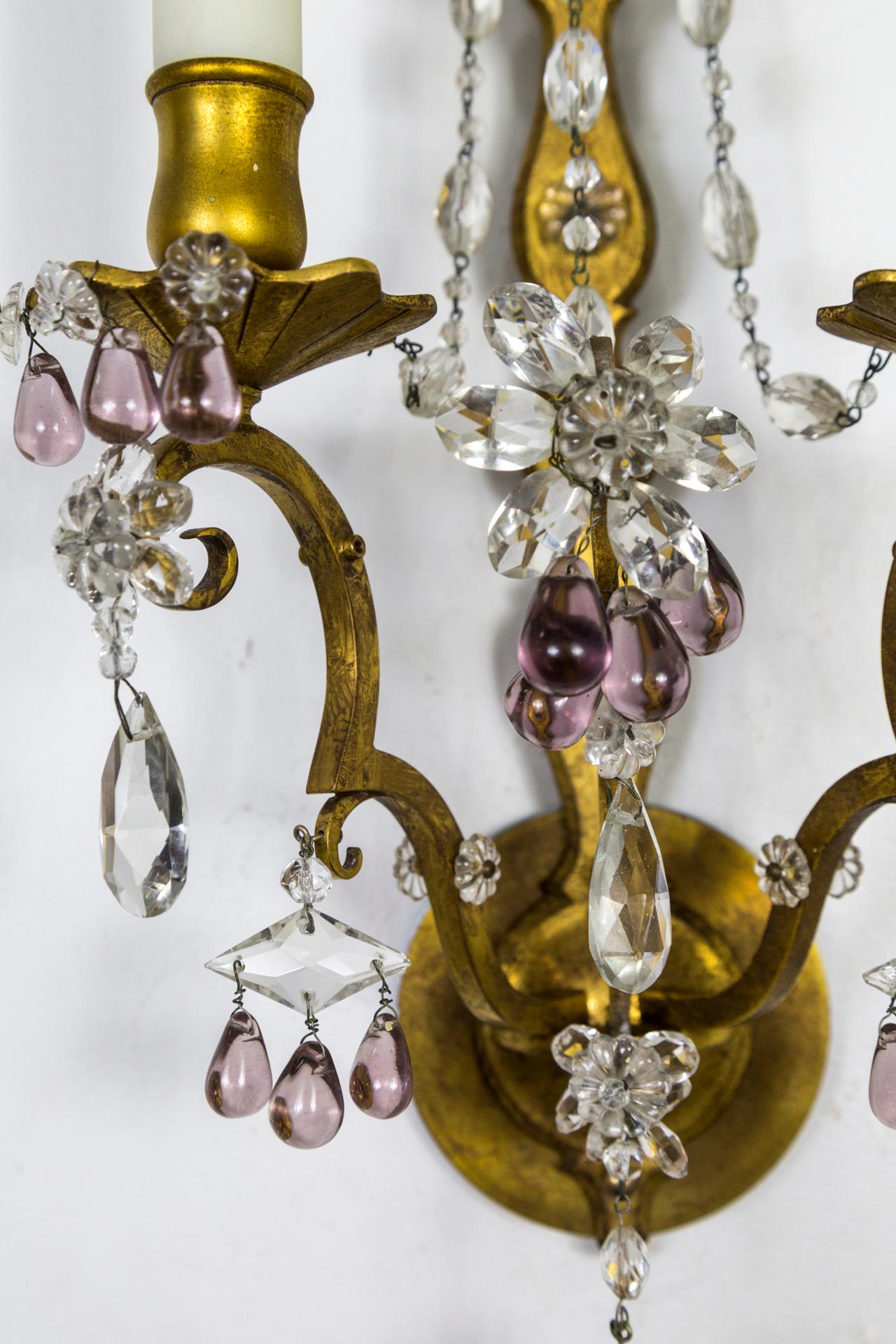 Gilt Maison Baguès Style Amethyst Crystal Sconces, Pair For Sale 1