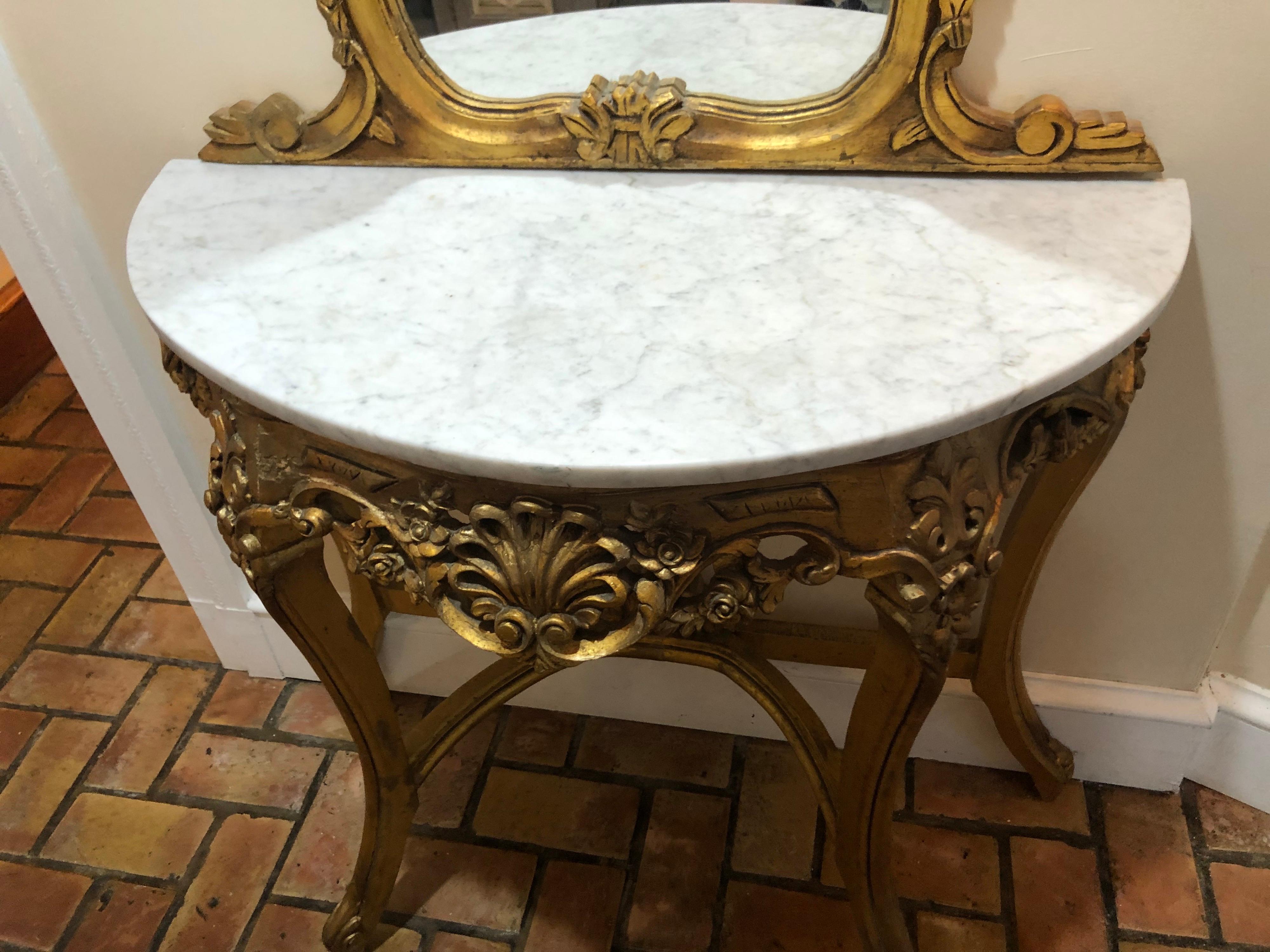 French Gilt Marble Top Demilune Table and Mirror For Sale 3