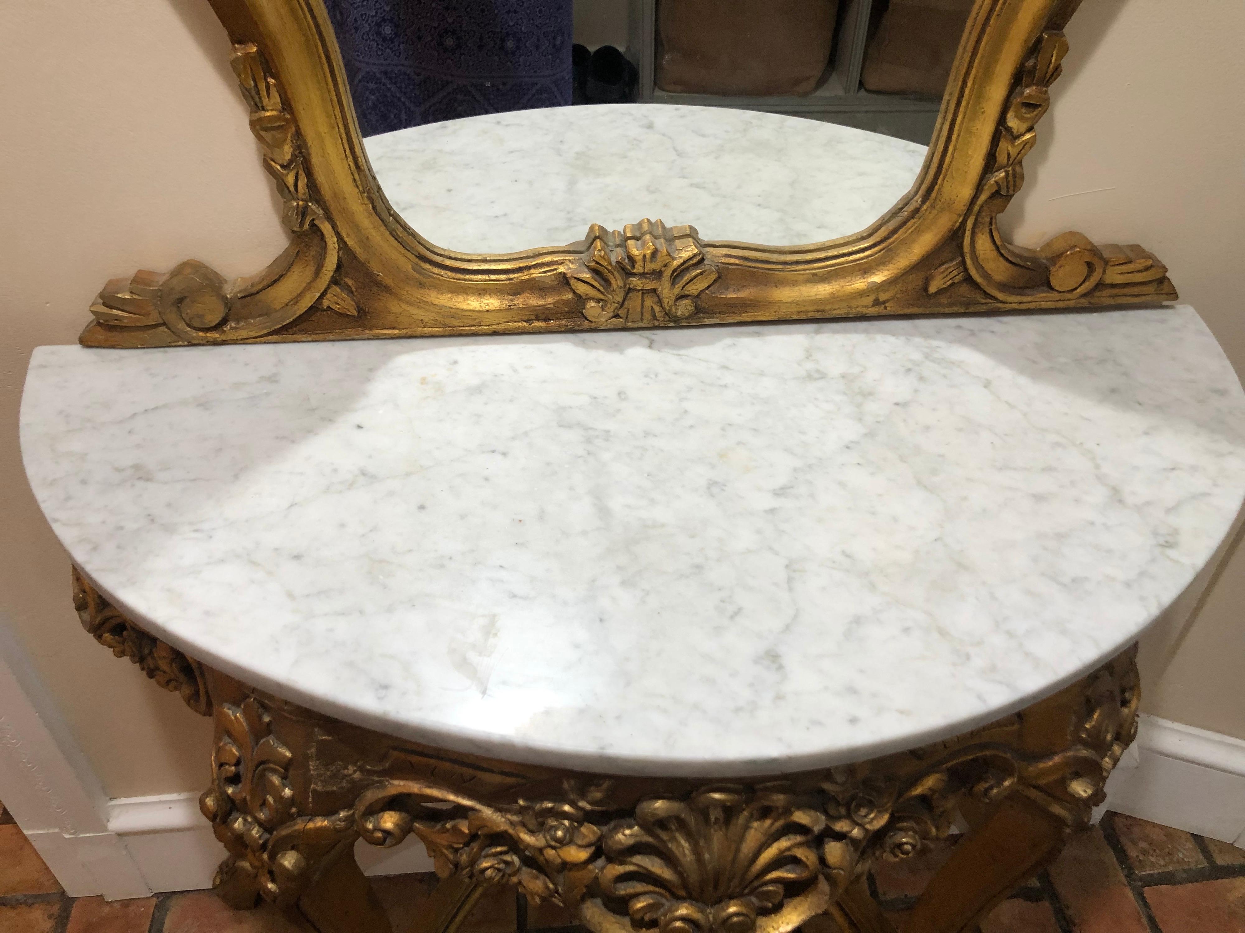 French Gilt Marble Top Demilune Table and Mirror For Sale 4