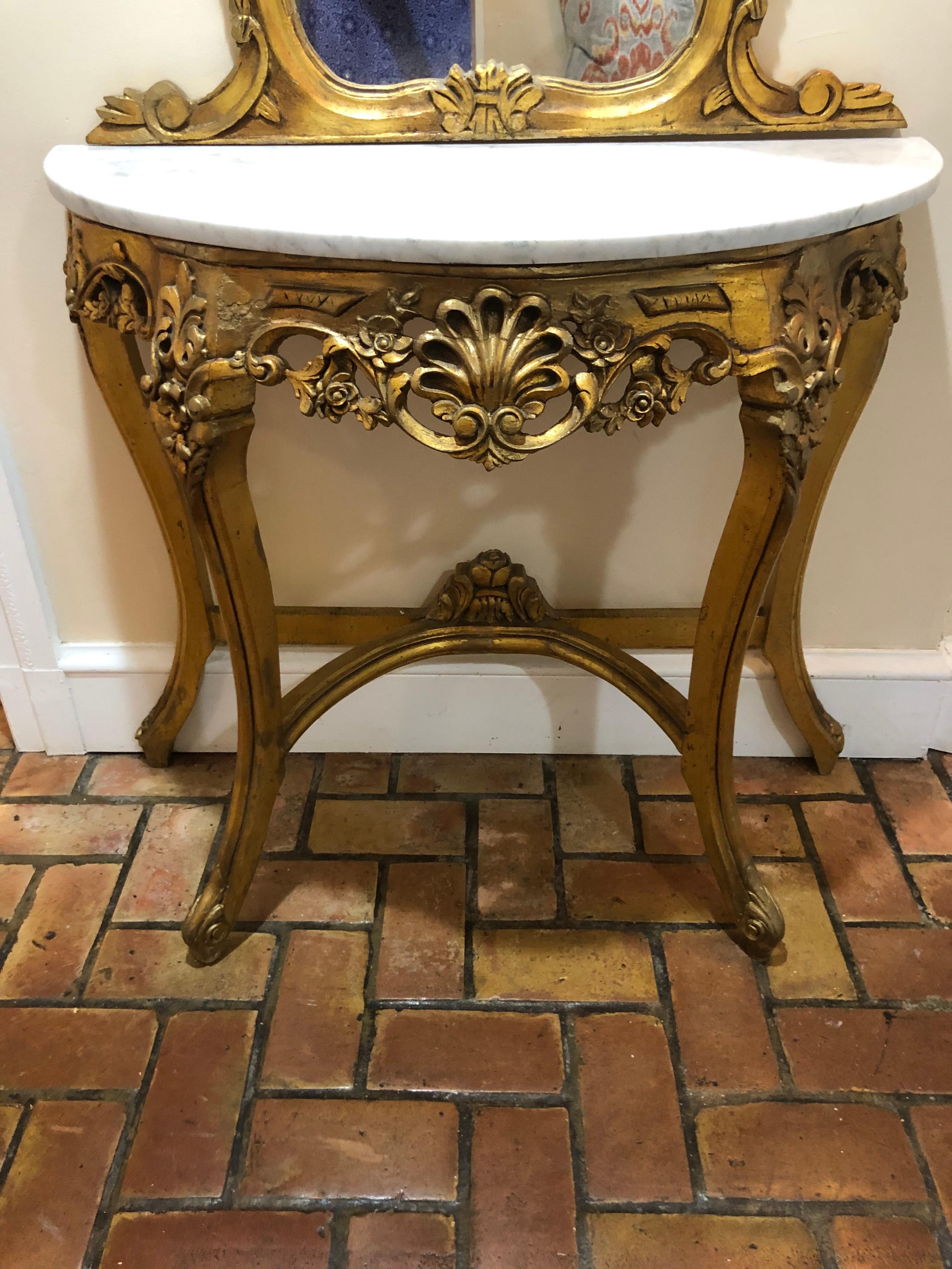 French Gilt Marble Top Demilune Table and Mirror For Sale 5