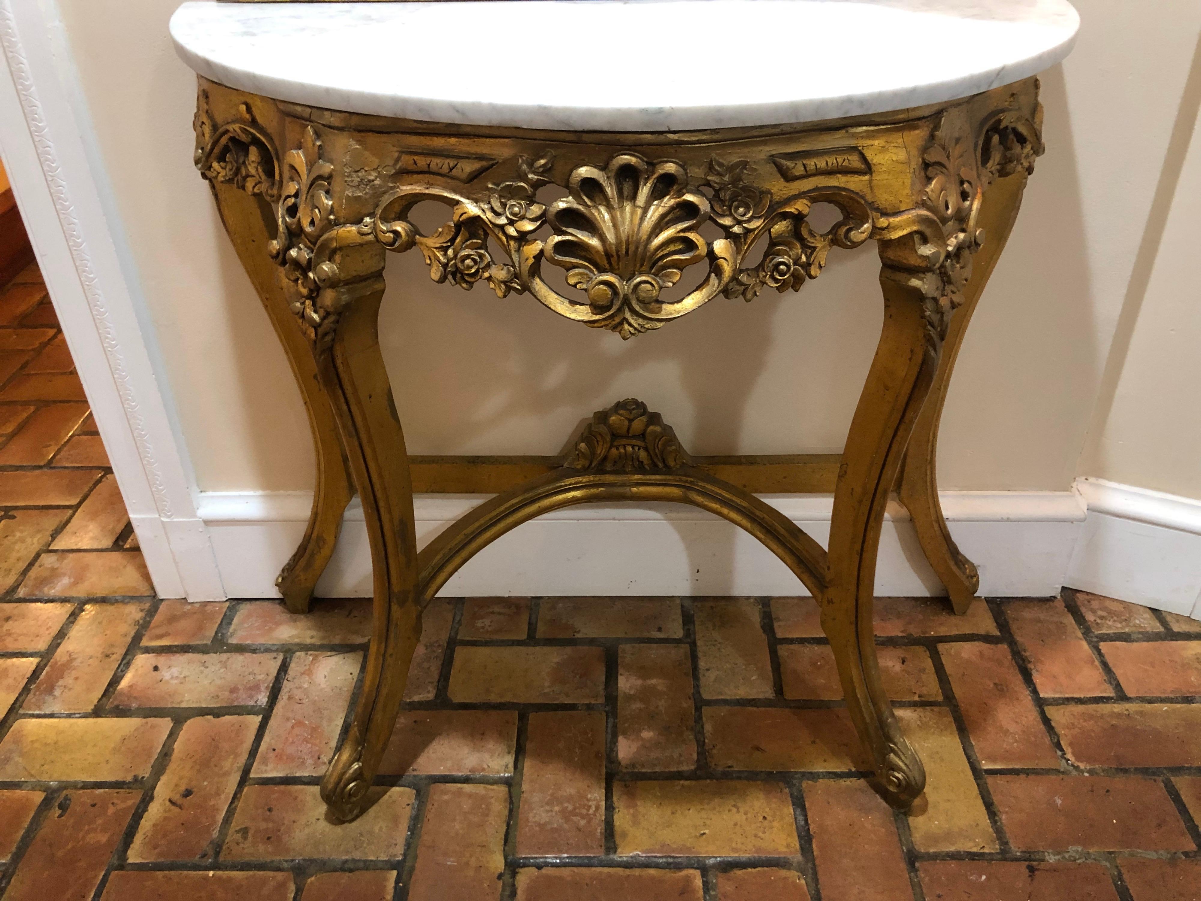 French Gilt Marble Top Demilune Table and Mirror For Sale 11