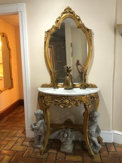 French Gilt Marble Top Demilune Table and Mirror