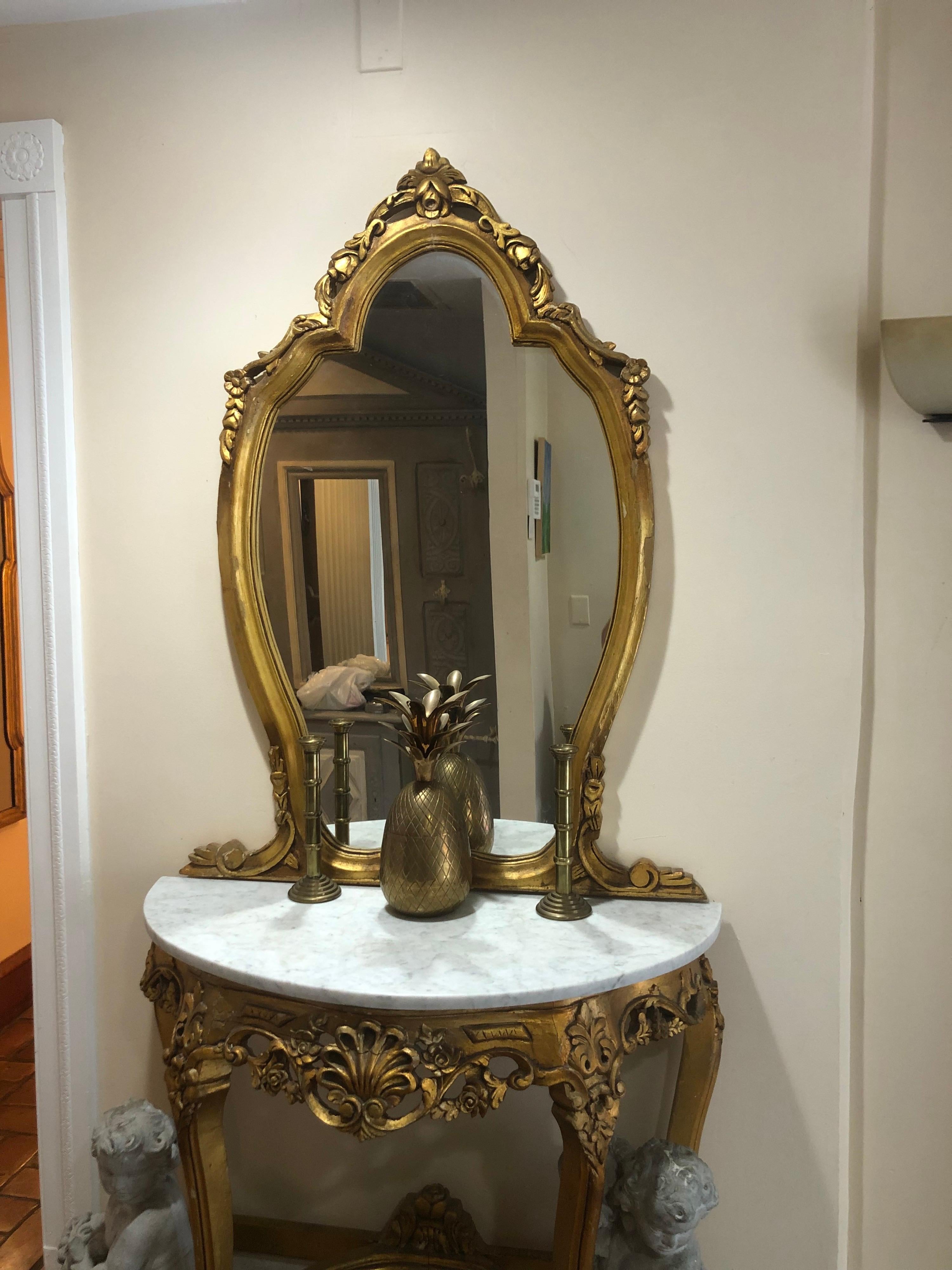 Louis XV French Gilt Marble Top Demilune Table and Mirror For Sale