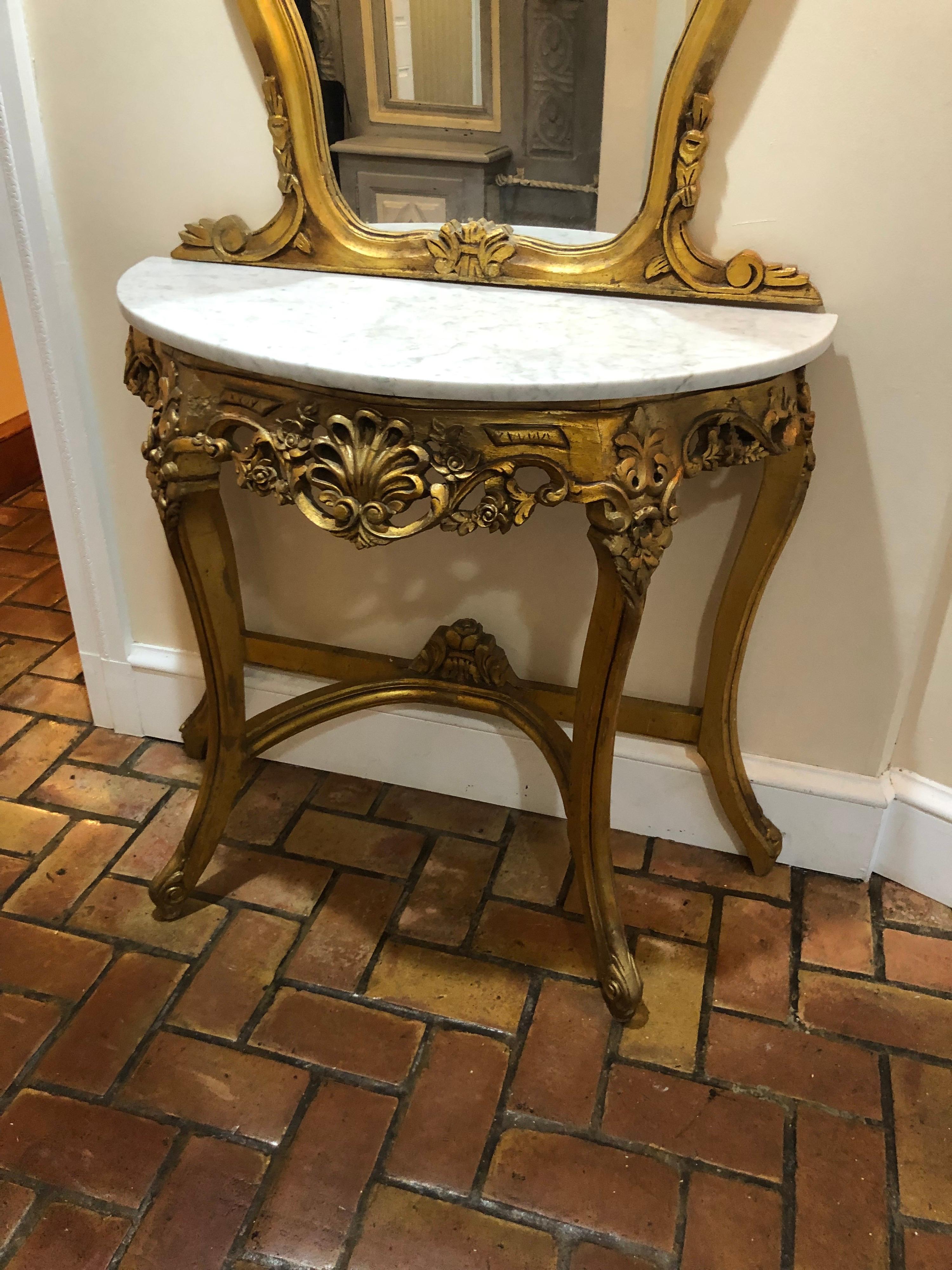 Italian French Gilt Marble Top Demilune Table and Mirror For Sale