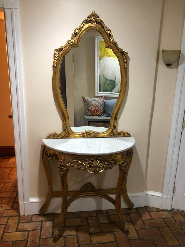 French Gilt Marble Top Demilune Table and Mirror In Good Condition For Sale In Redding, CT