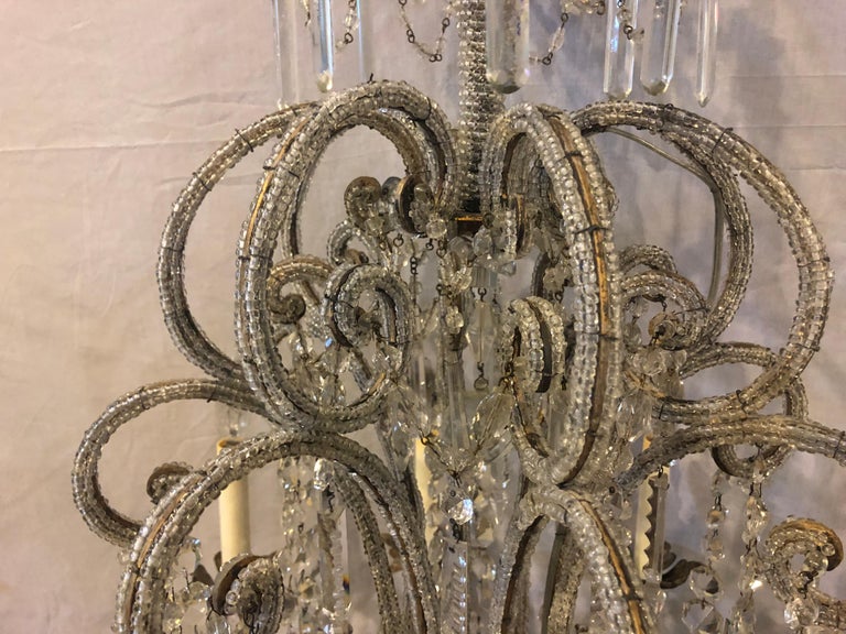 Gilt Metal 8Light Beaded Frame Having Hanging Crystal Prisms at 1stDibs