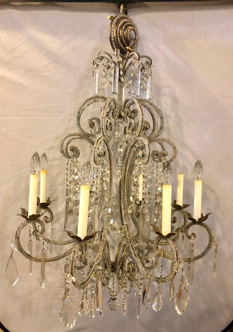 Gilt Metal 8Light Beaded Frame Having Hanging Crystal Prisms at 1stDibs
