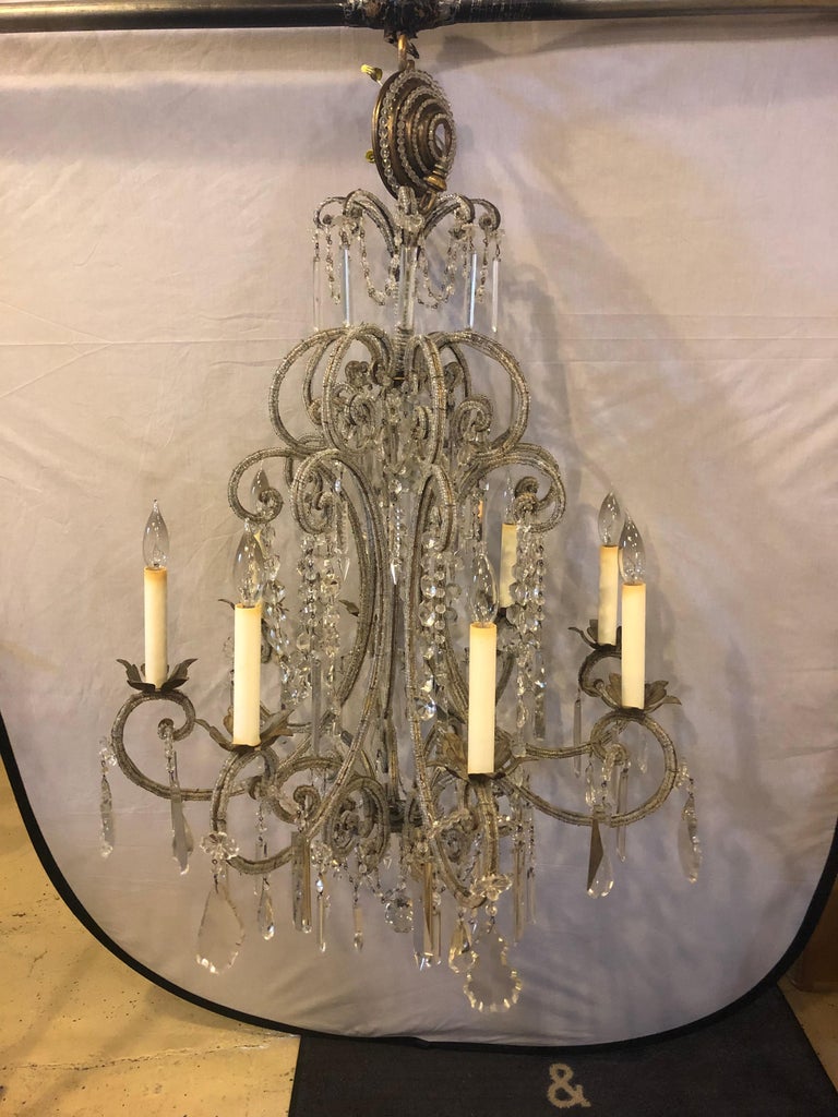 Gilt Metal 8Light Beaded Frame Having Hanging Crystal Prisms at 1stDibs