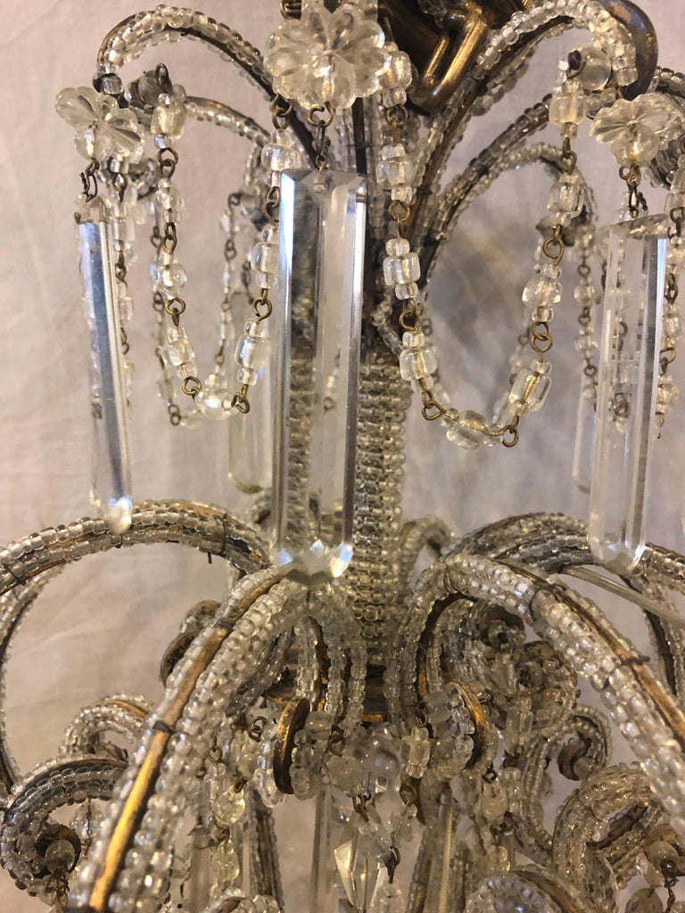 Gilt Metal 8Light Beaded Frame Having Hanging Crystal Prisms at 1stDibs