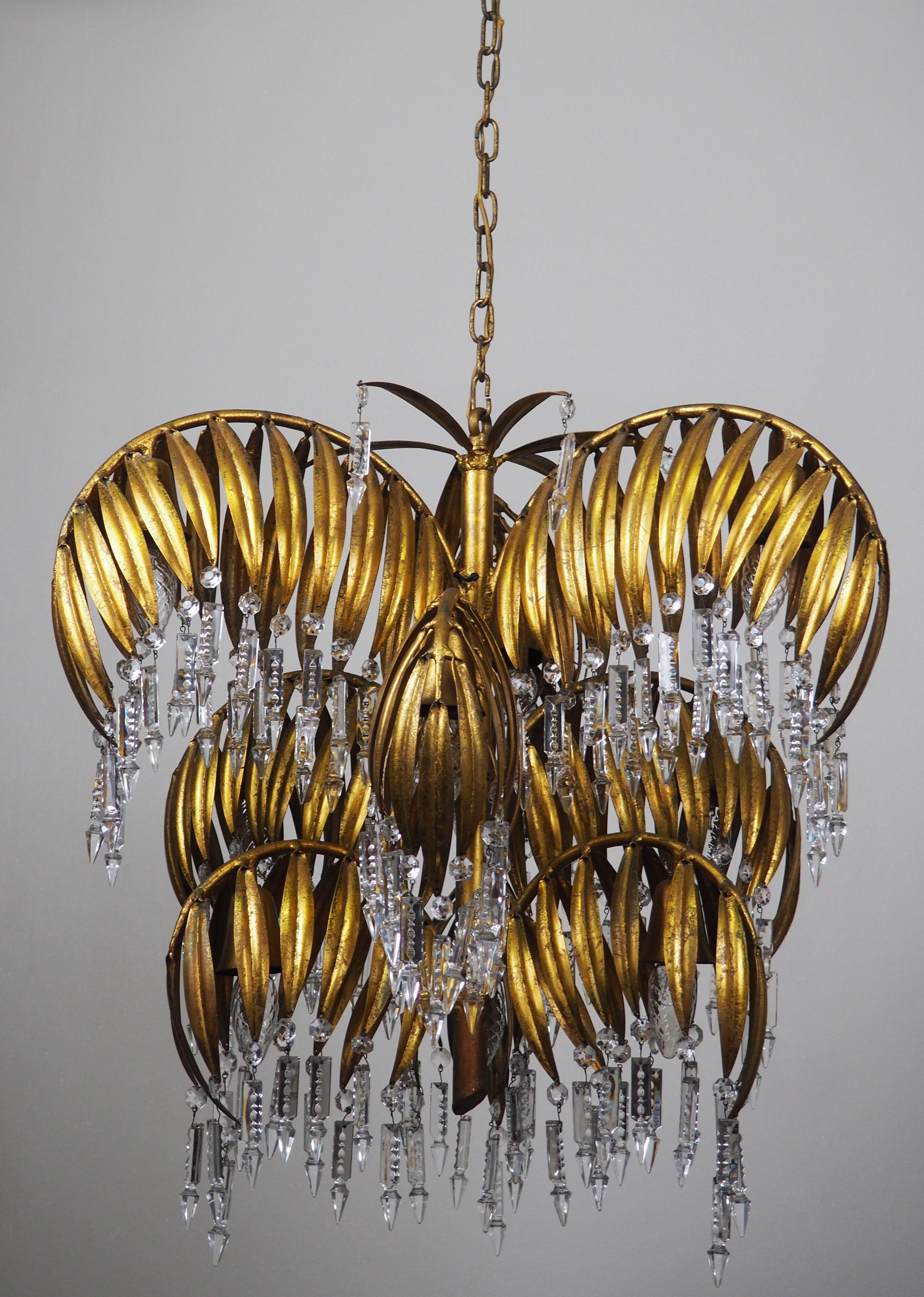 Late 20th Century Gilt Metal, 9-Light Palm Tree Chandelier Attributed to Hans Kögl, circa 1970s