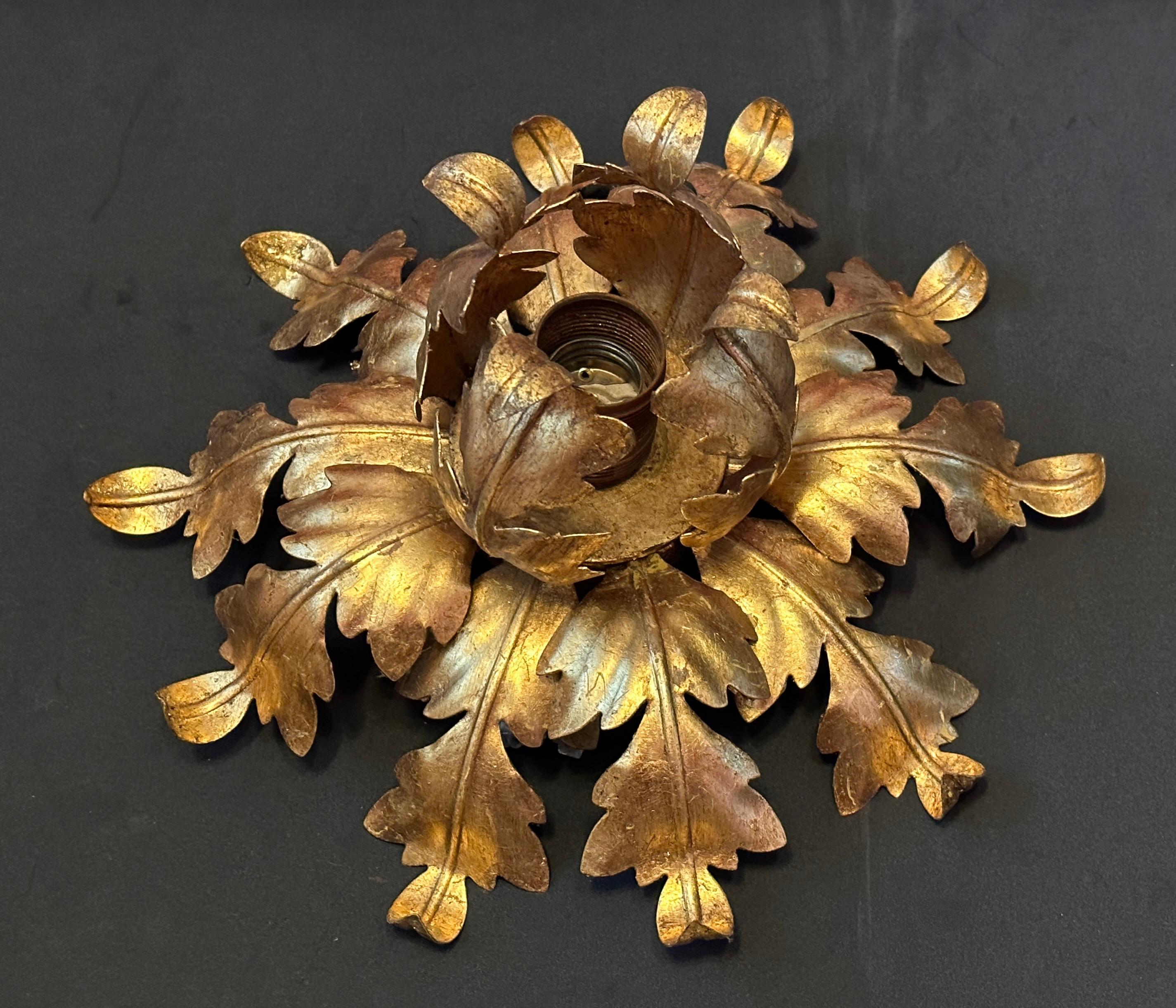 Gilt Metal Acanthus Leafs Flower Tole Hollywood Regency Flush Mount, Italy For Sale 6