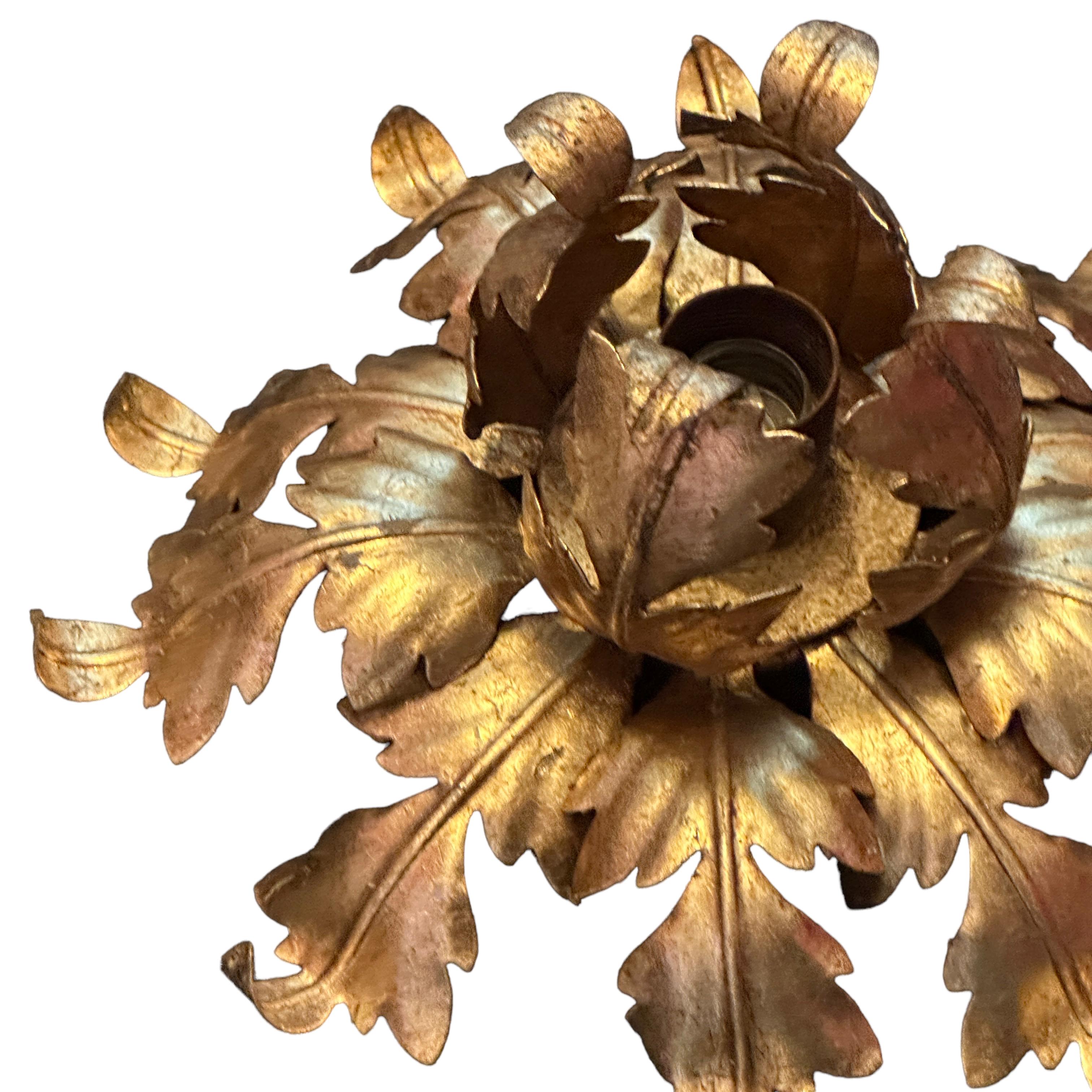 Italian Gilt Metal Acanthus Leafs Flower Tole Hollywood Regency Flush Mount, Italy For Sale