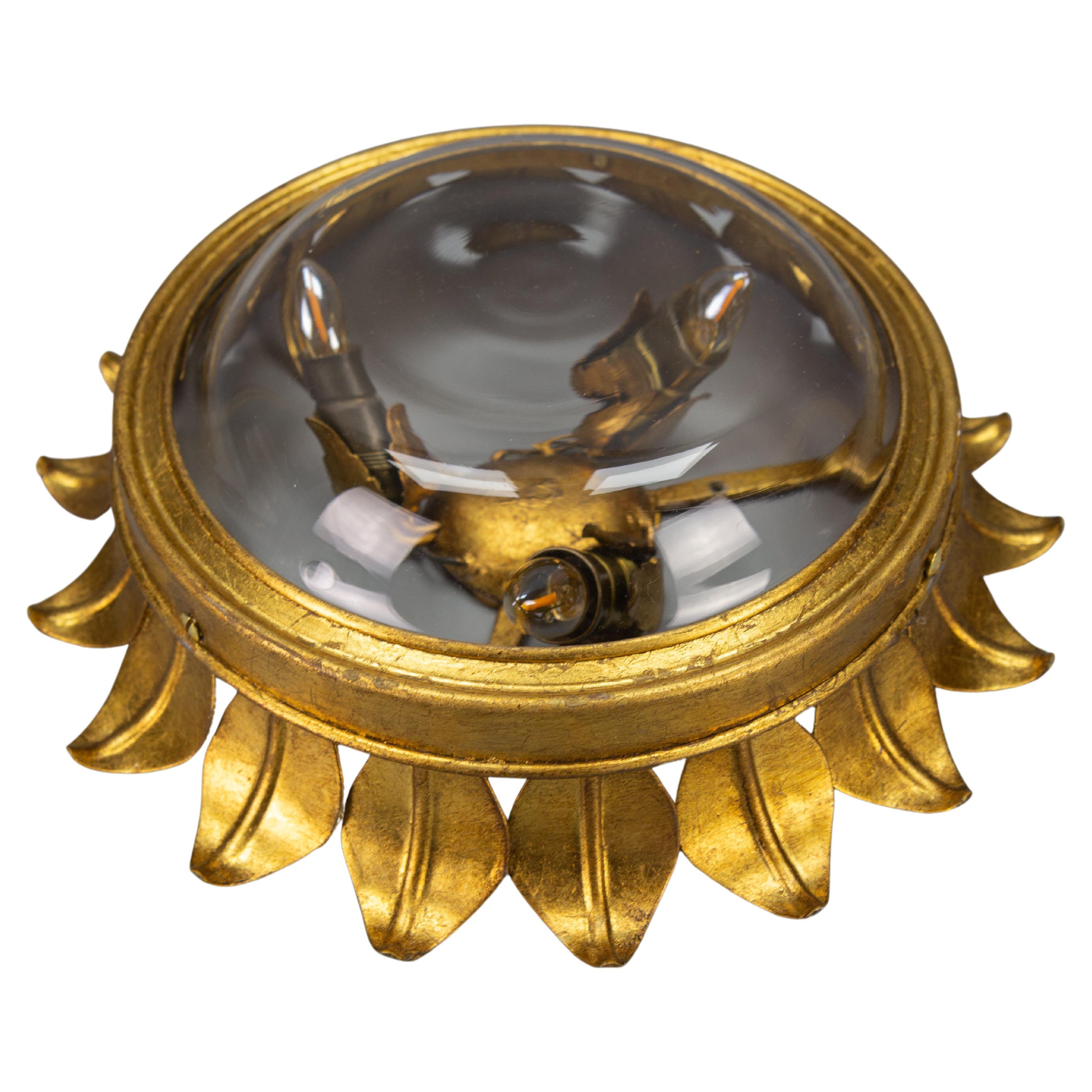 Gilt Metal and Clear Glass Sunburst Shaped Flush Mount or Wall Light, 1950s For Sale