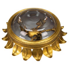 Gilt Metal and Clear Glass Sunburst Shaped Flush Mount or Wall Light, 1950s