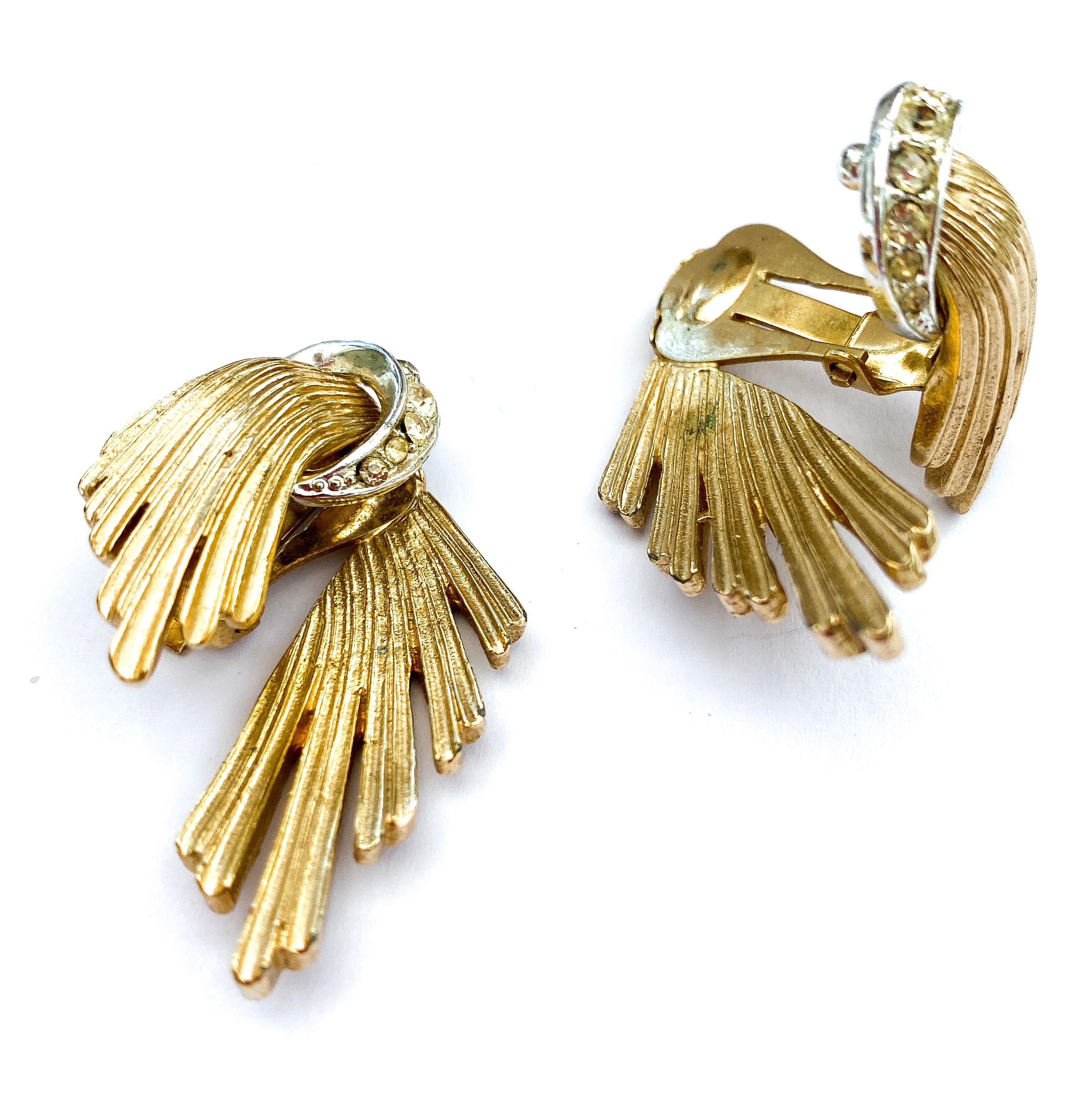 Women's Gilt metal and clear paste split sided drop earrings, Marcel Boucher, 1960s, USA For Sale