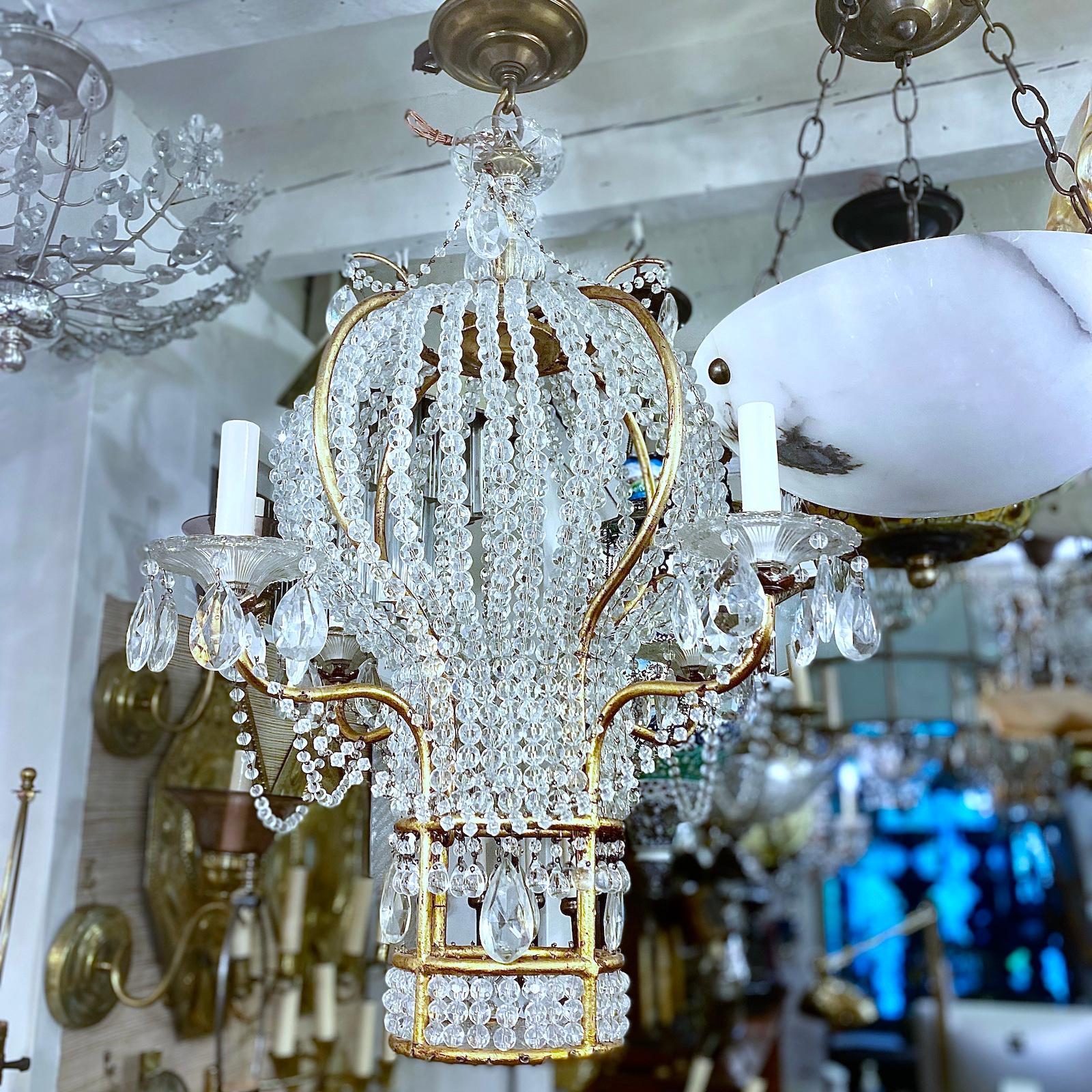 Mid-20th Century Gilt Metal and Crystal Balloon Chandelier For Sale