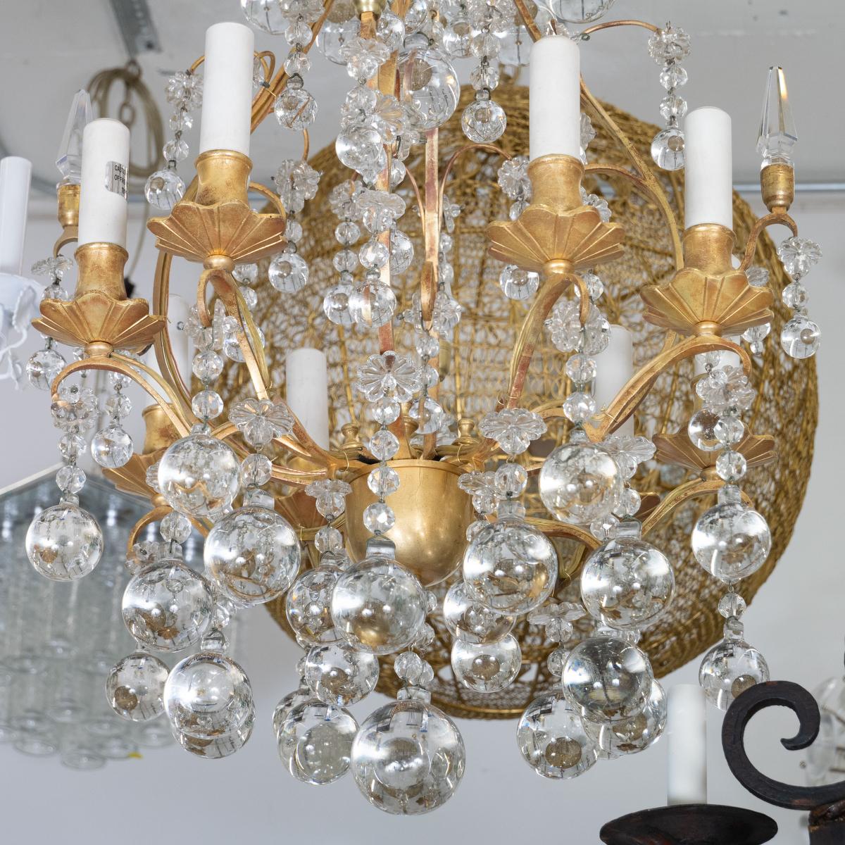 French Gilt metal and crystal drop element chandelier For Sale