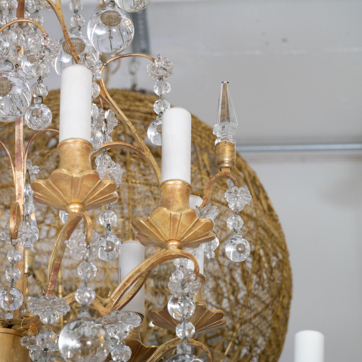 Gilt metal and crystal drop element chandelier In Good Condition For Sale In Tarrytown, NY