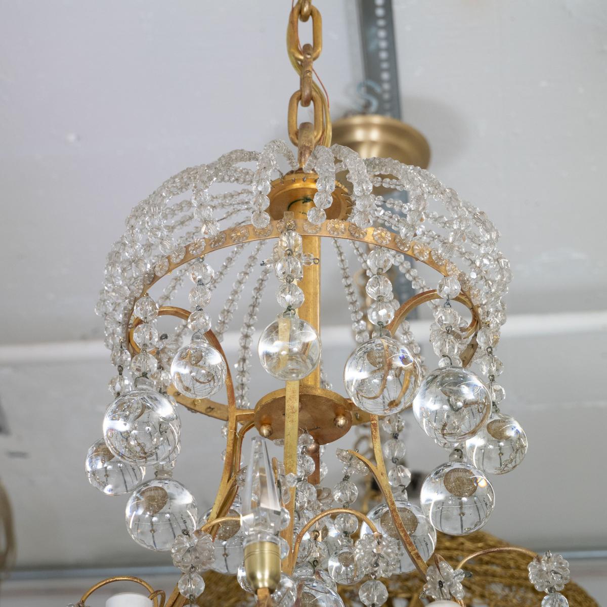 Mid-20th Century Gilt metal and crystal drop element chandelier For Sale