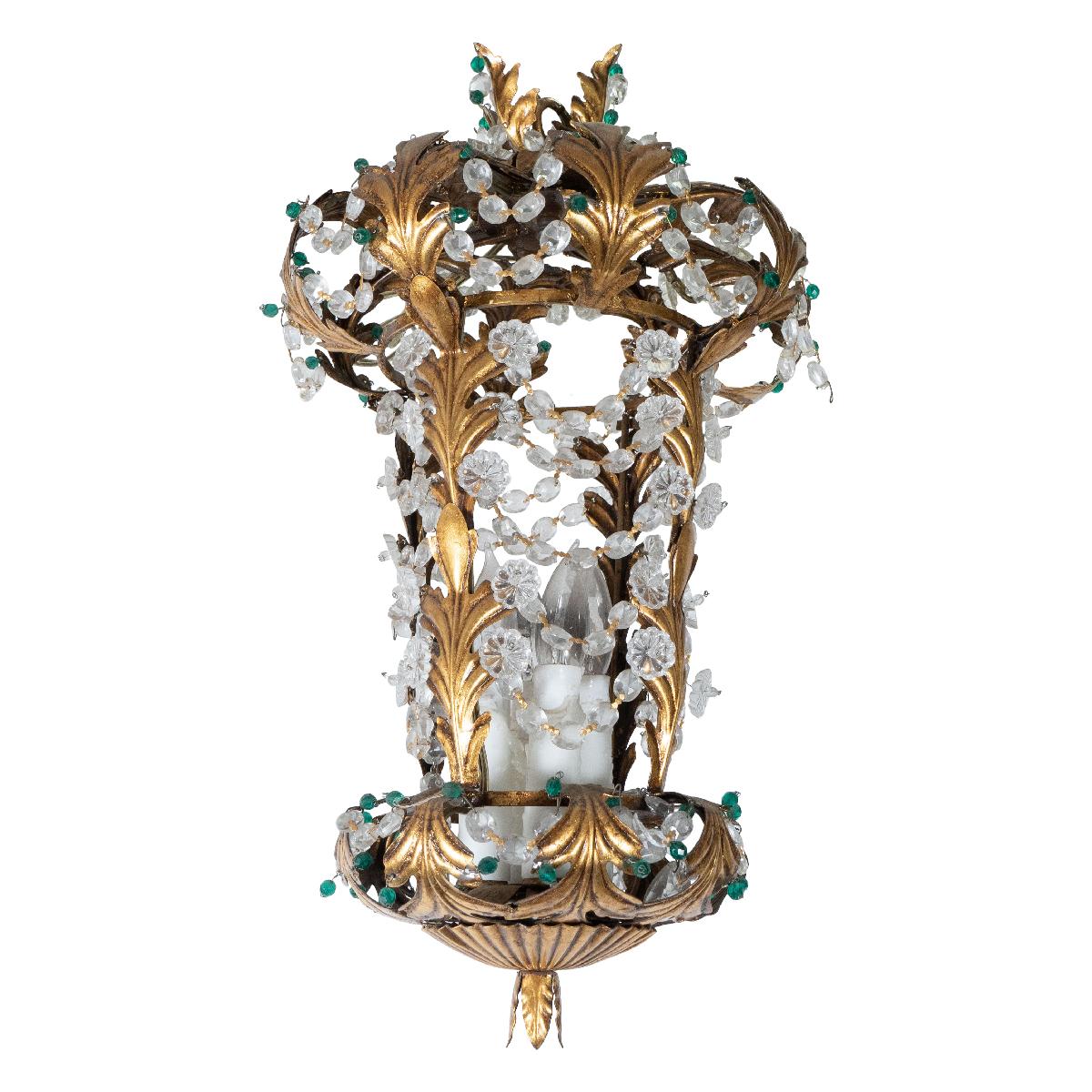 Gilt metal, lantern style pendant with foliate motif and crystal leaf and flower details in the manner of Bagues.
