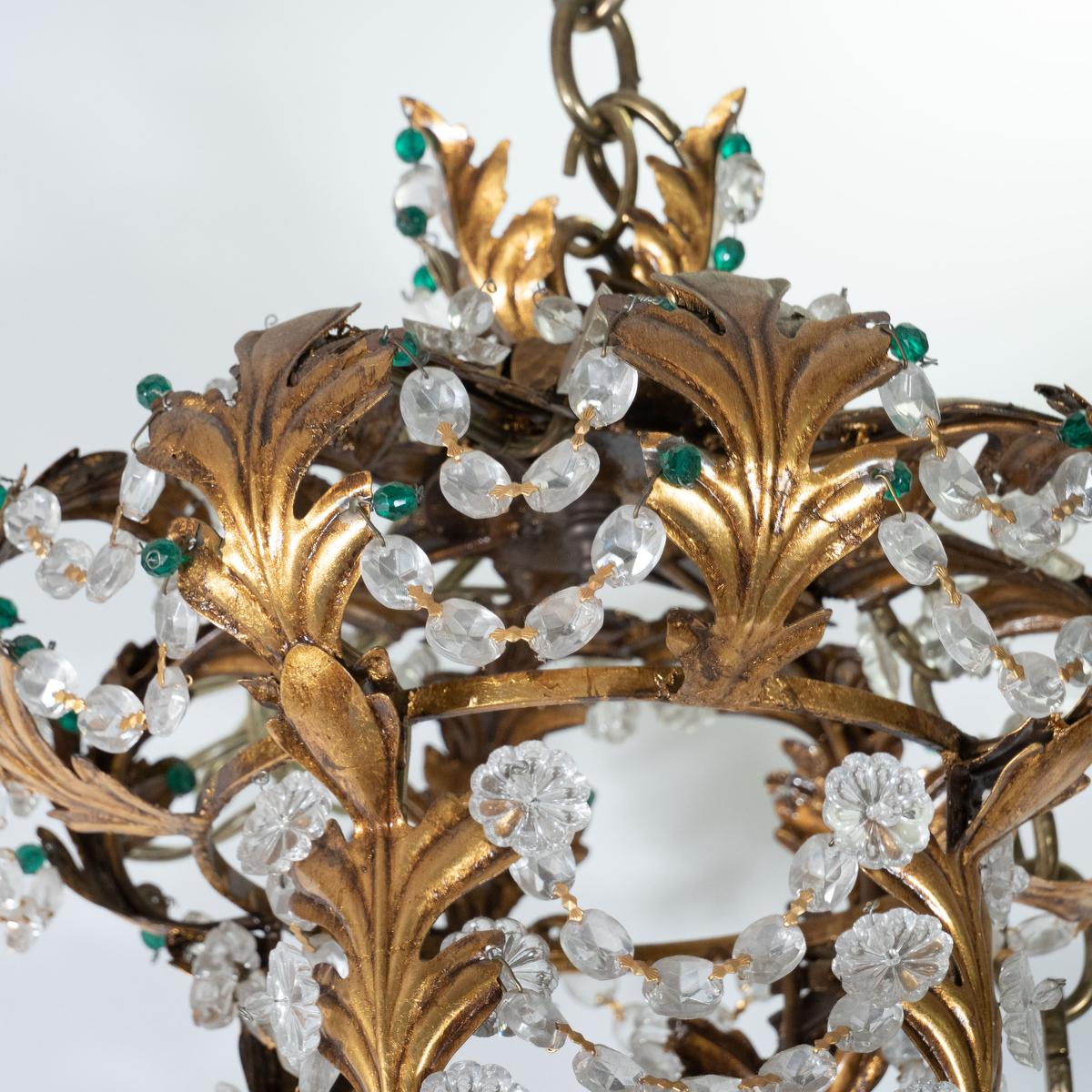 Mid-20th Century Gilt Metal and Crystal Lantern Style Pendant For Sale
