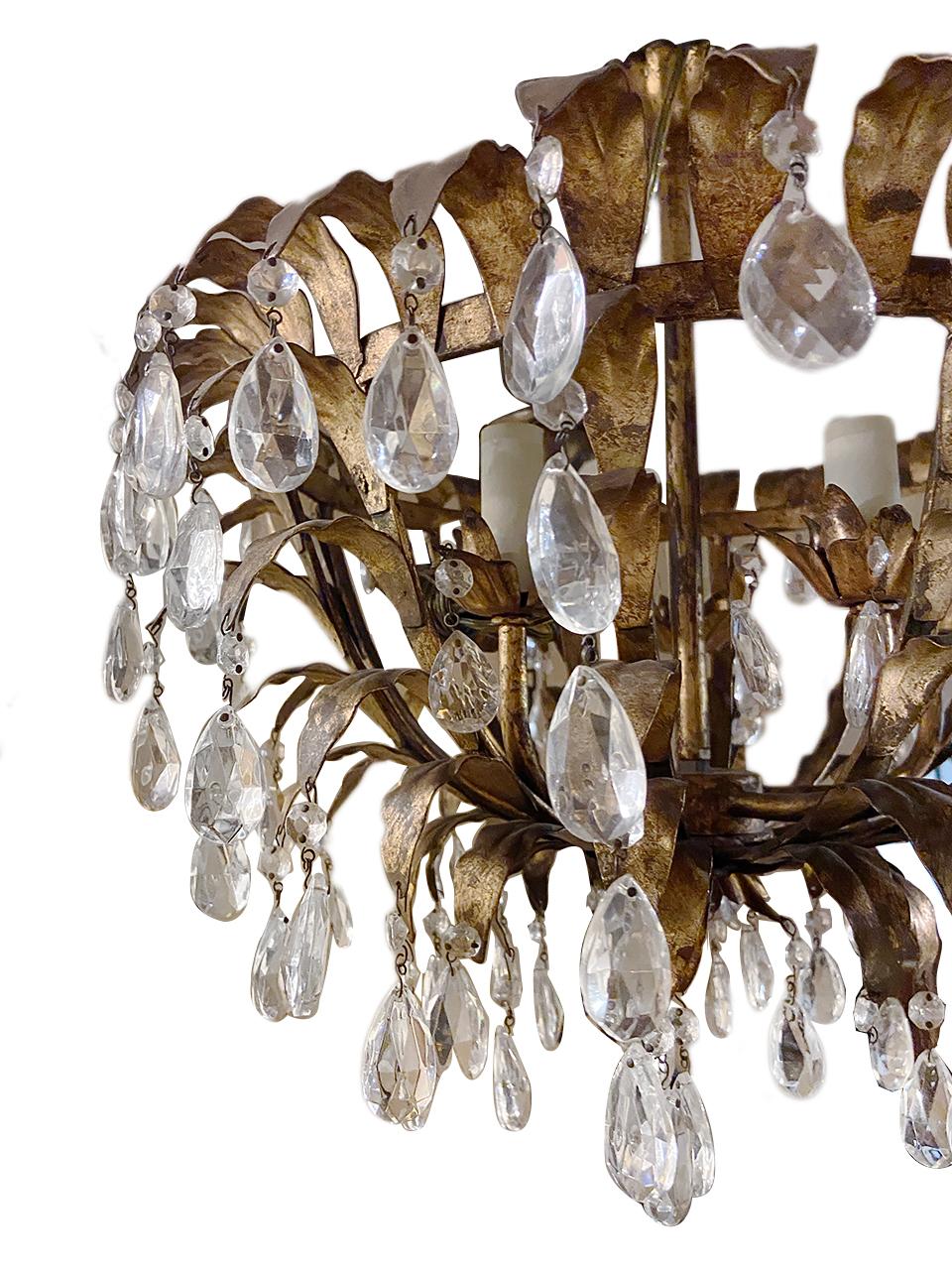 Italian Gilt Metal and Crystal Semi Flush Light Fixture For Sale